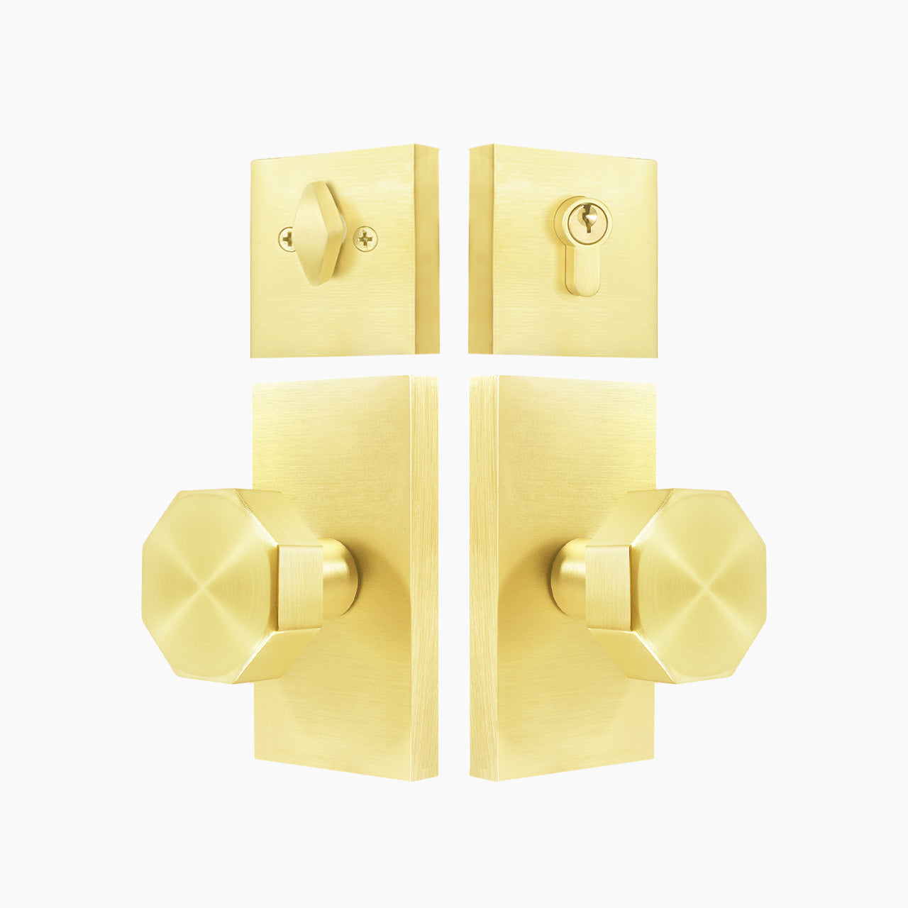 Octagon entry door knob set with deadbolt in brushed gold finish, SENY