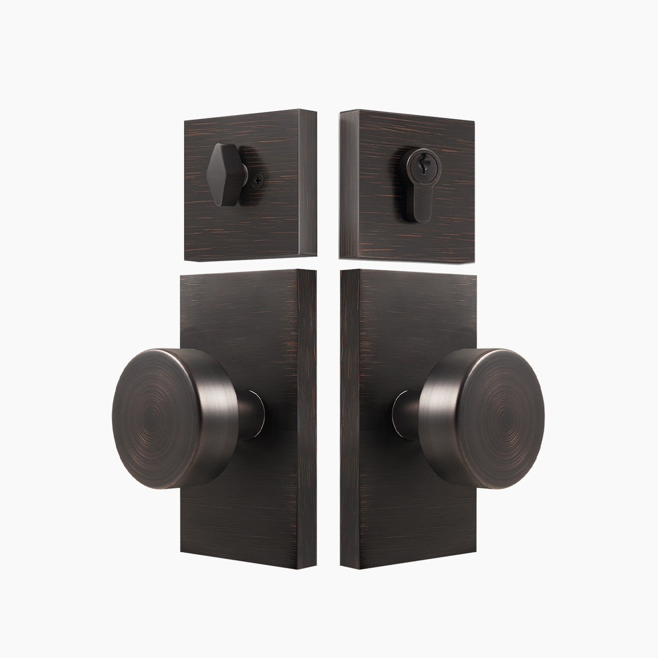 Entry door knob set with deadbolt and rectangular backplate in brushed gold finish, SENY