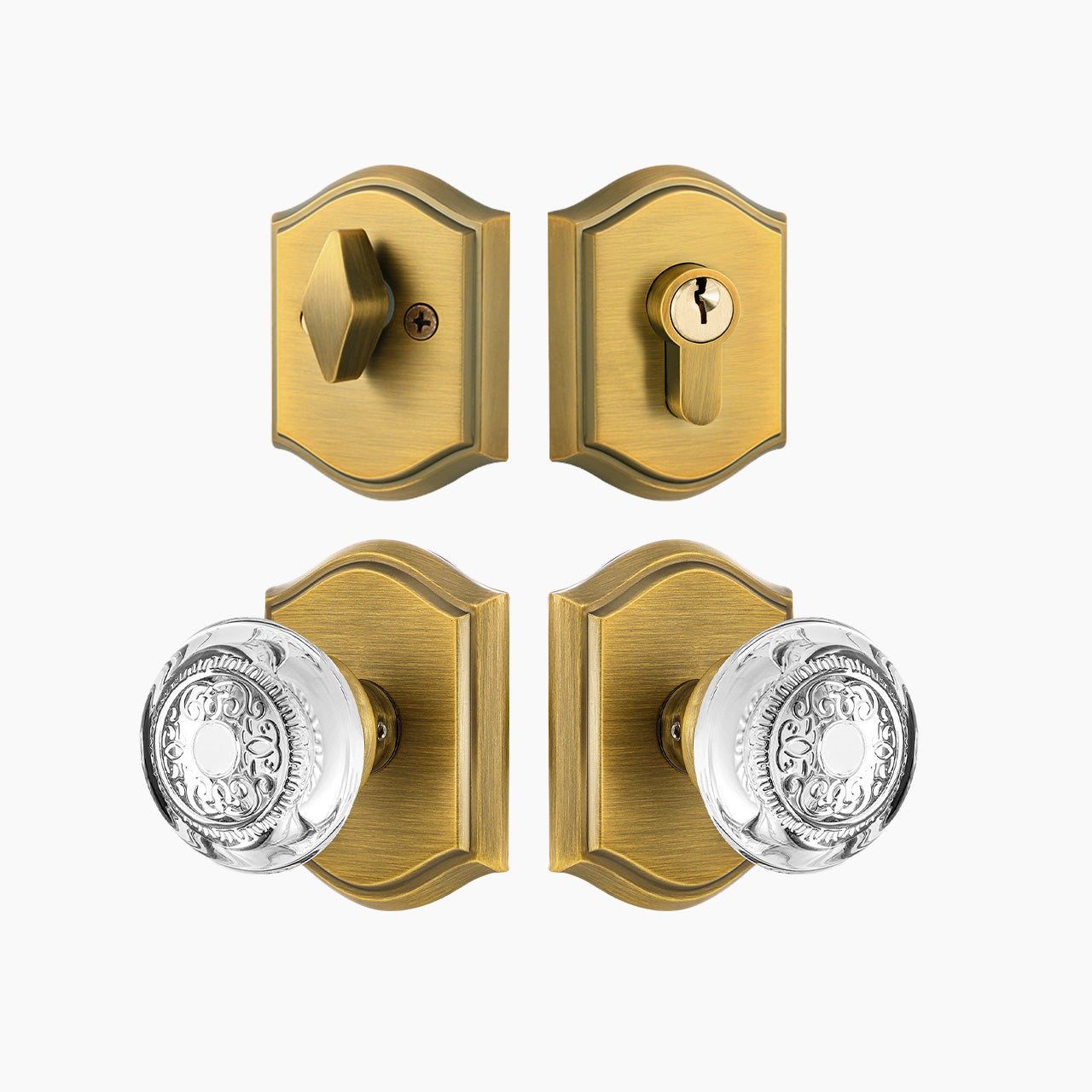 Crystal entry door knob with deadbolt and decorative antique brass backplate, SENY