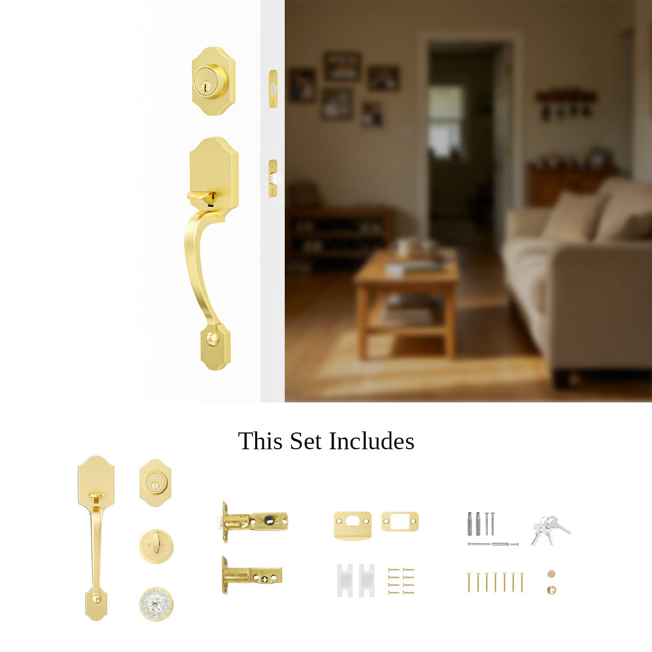 Entry door lock set with deadbolt including latch, screws, keys, handleset, and crystal door knob components