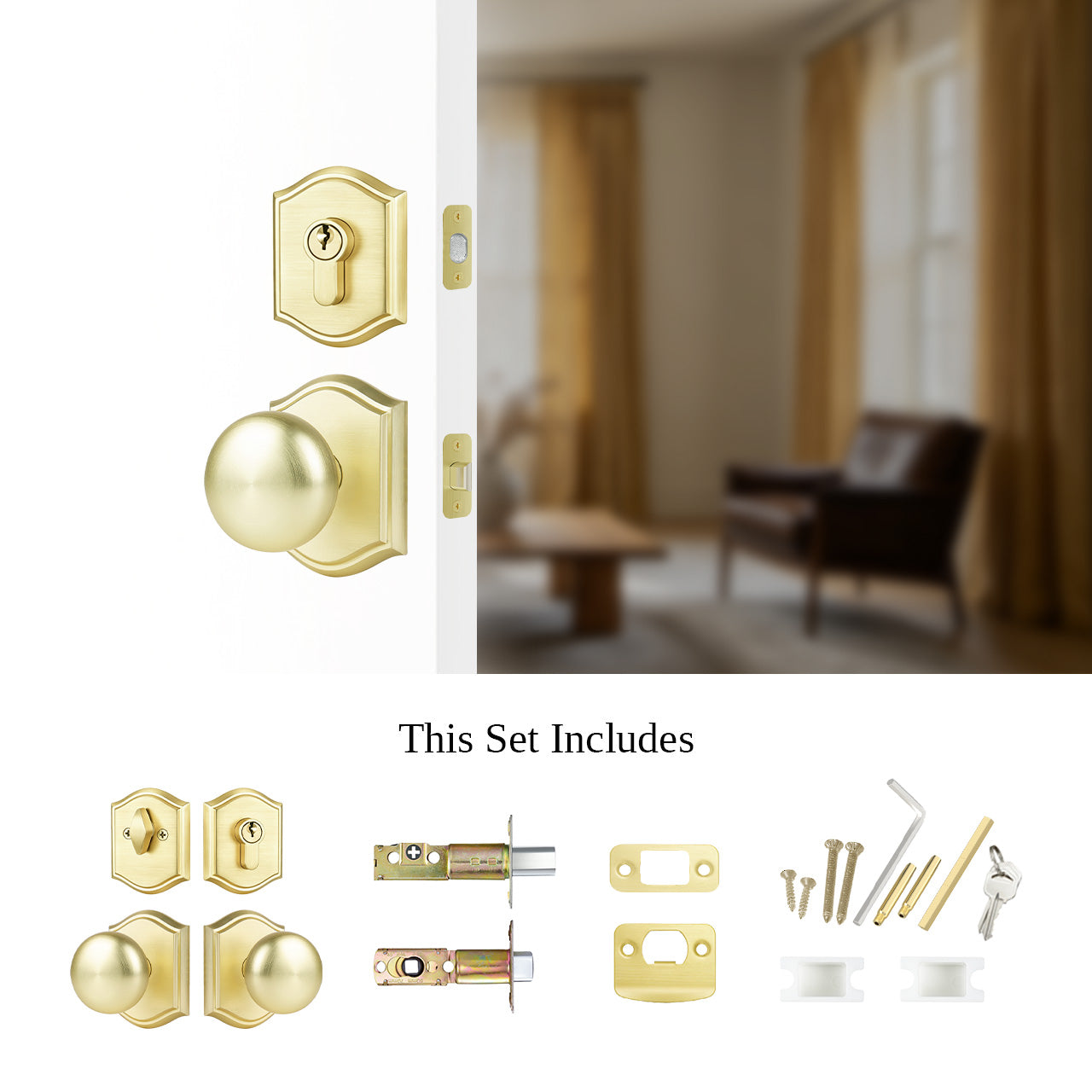 Entry door lock set with deadbolt and arched plate door knob installed with hardware components, SENY