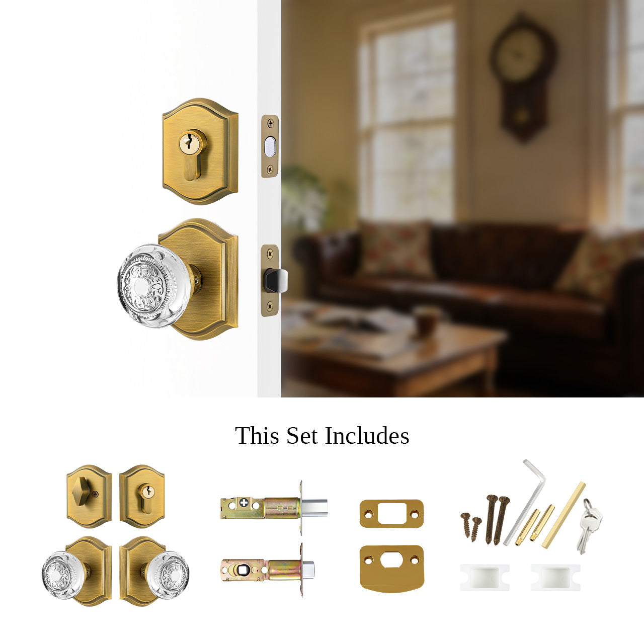 Entry door lock set with deadbolt and crystal glass knob installed with hardware components, SENY