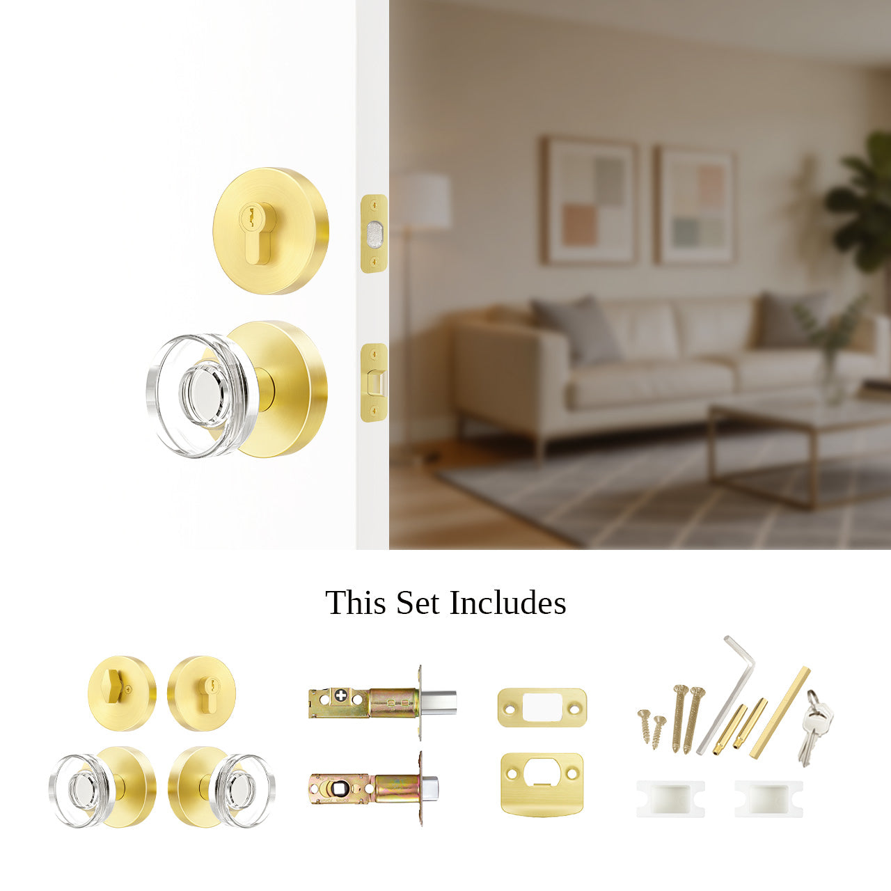 Entry door lock set with deadbolt and round crystal glass knob installed with hardware components, SENY