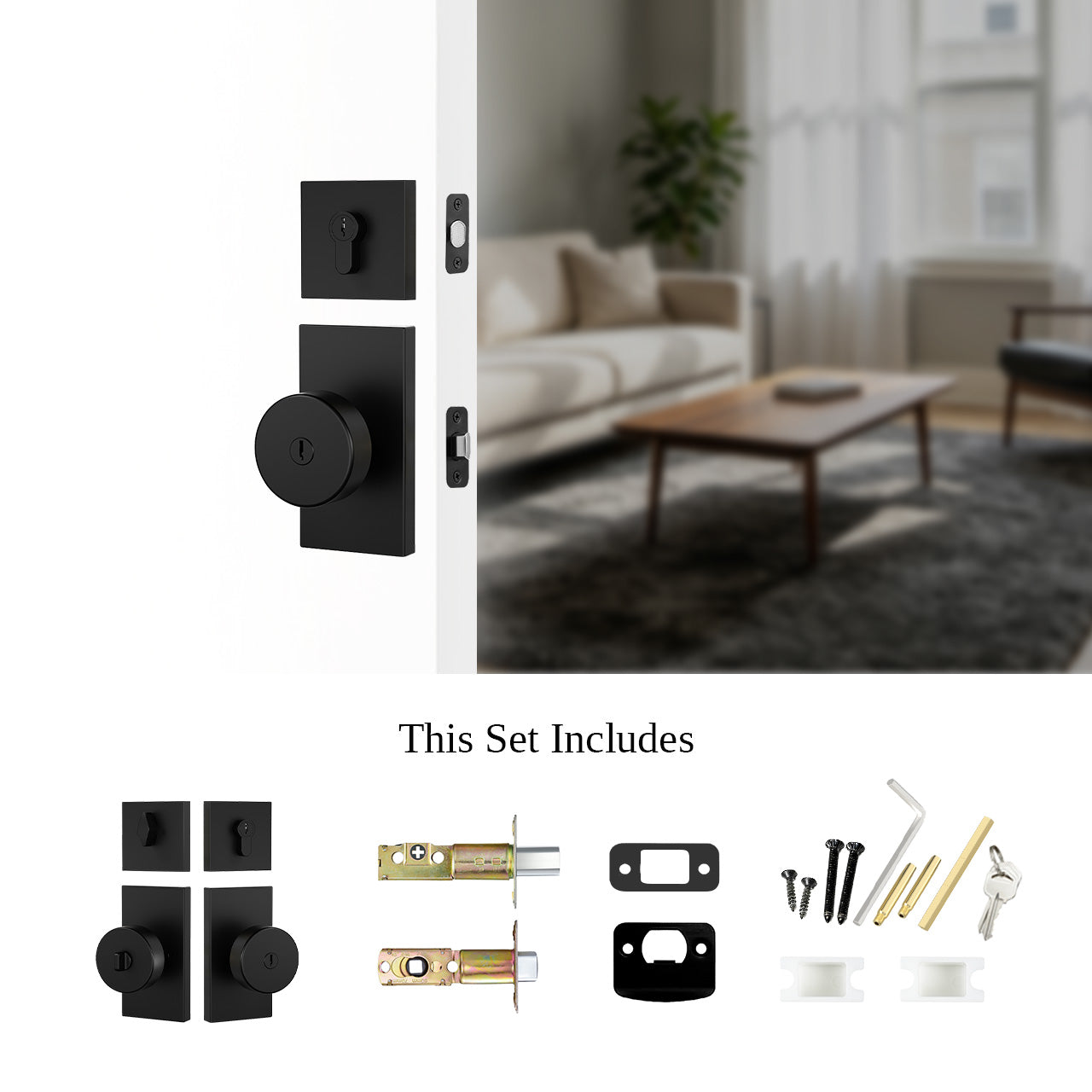 Entry door lock set with knob and deadbolt installed with hardware components and keyed alike function, SENY