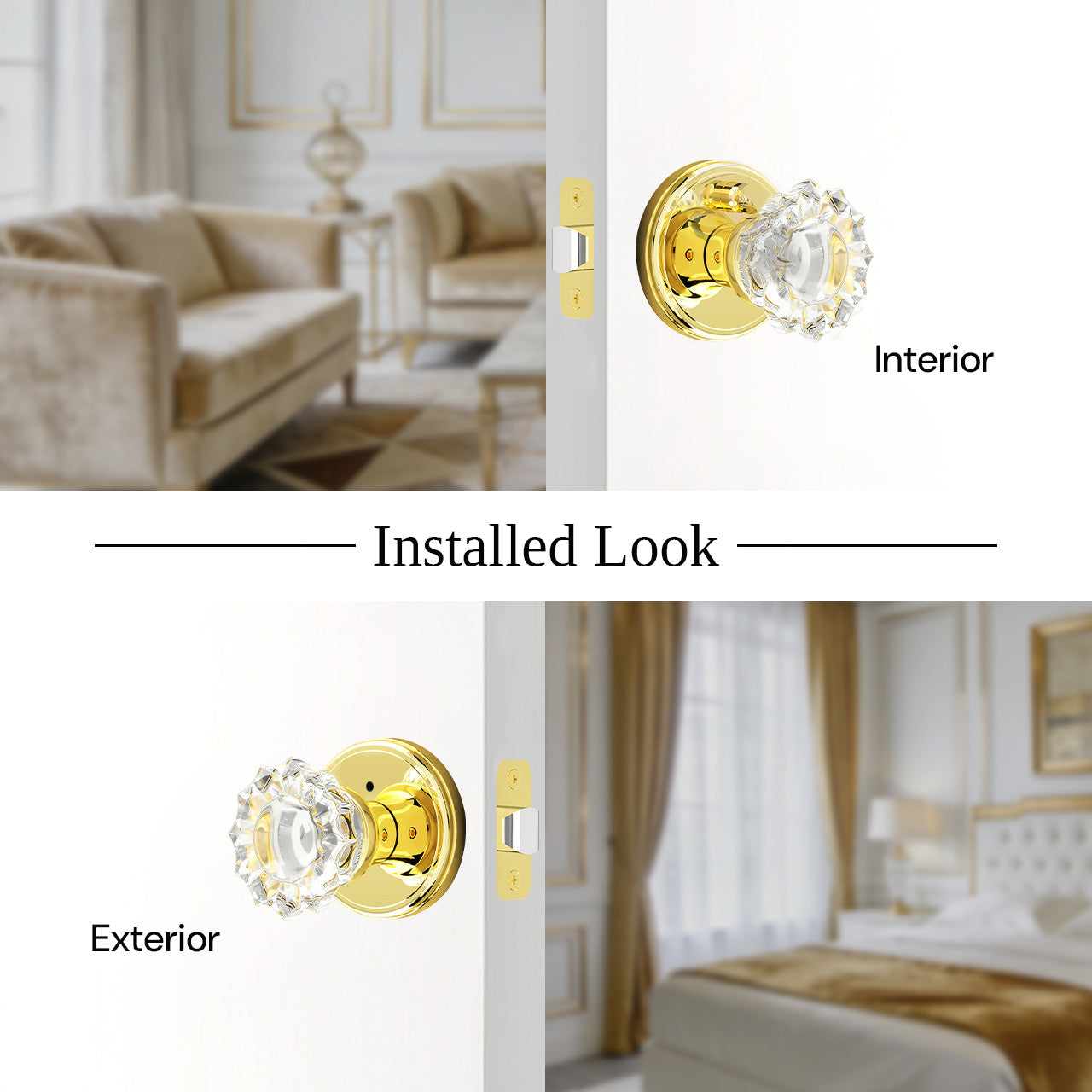 SENY floral crystal door knob installed look on interior doors