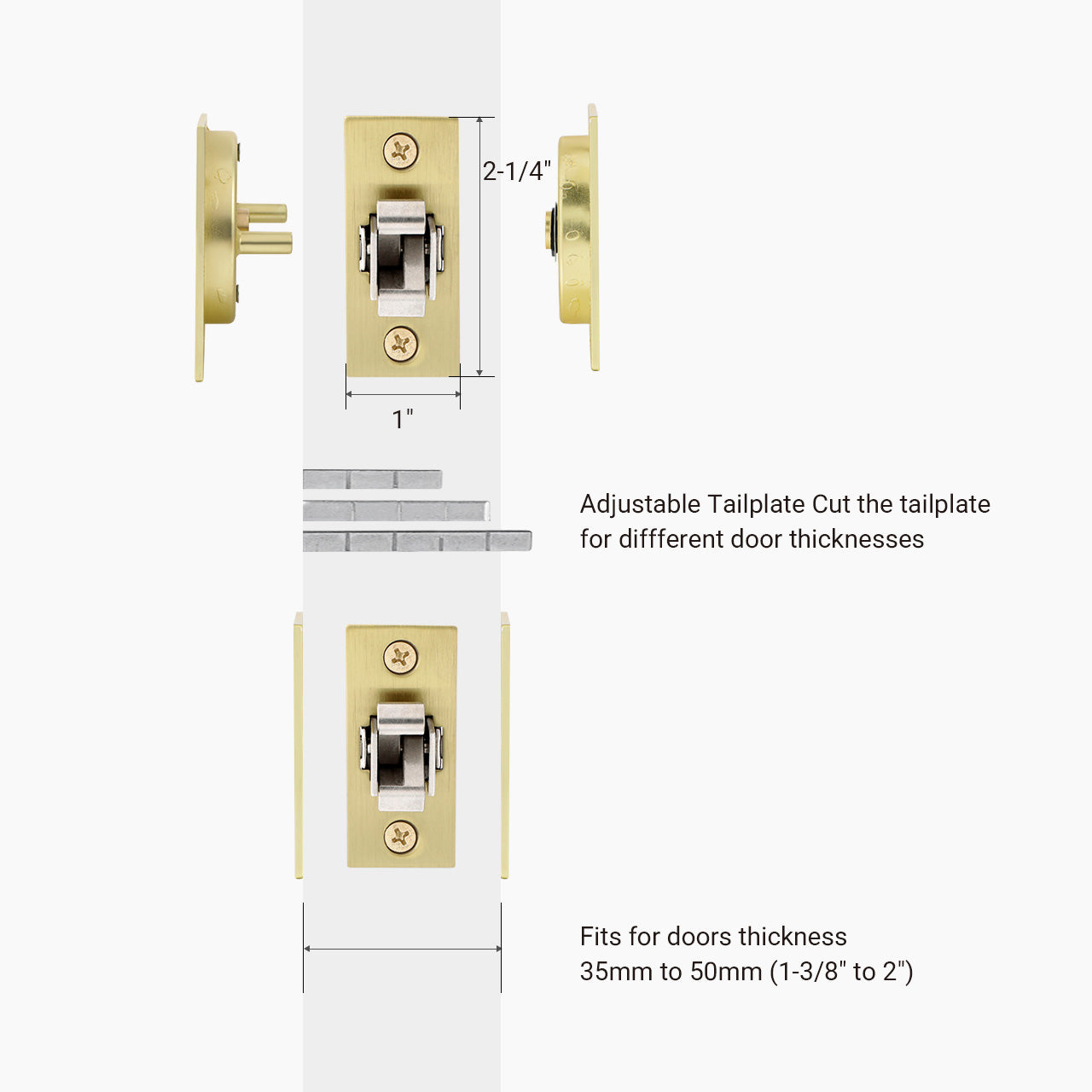 Flush pocket door privacy lock installation guide with door thickness and latch dimensions, SENY