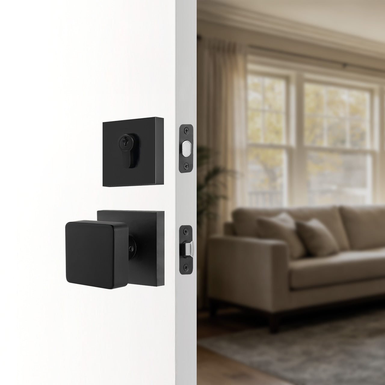 Front door knobs and deadbolts installed on modern exterior entry door, SENY