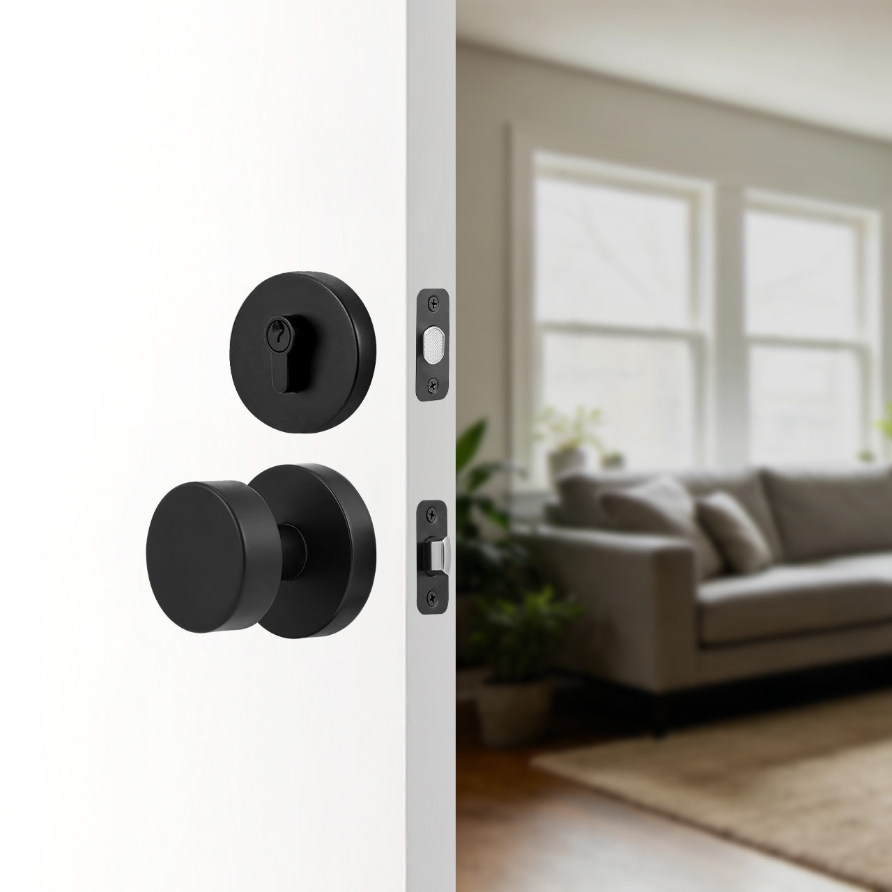 Front door knobs and deadbolts with modern round knob design installed on exterior door, SENY