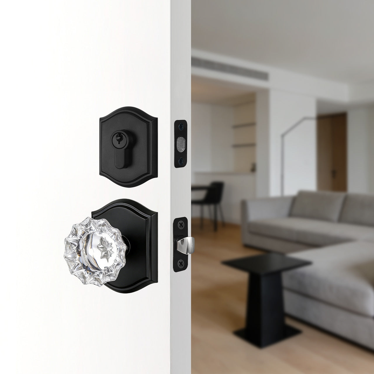 front door knob and deadbolt set installed on entry door in real home setting SENY