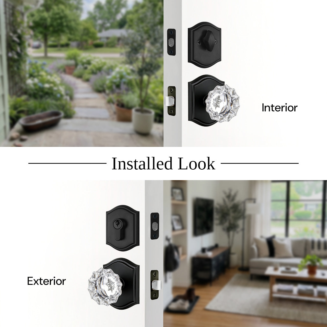 front door knob and deadbolt set interior and exterior installation view SENY