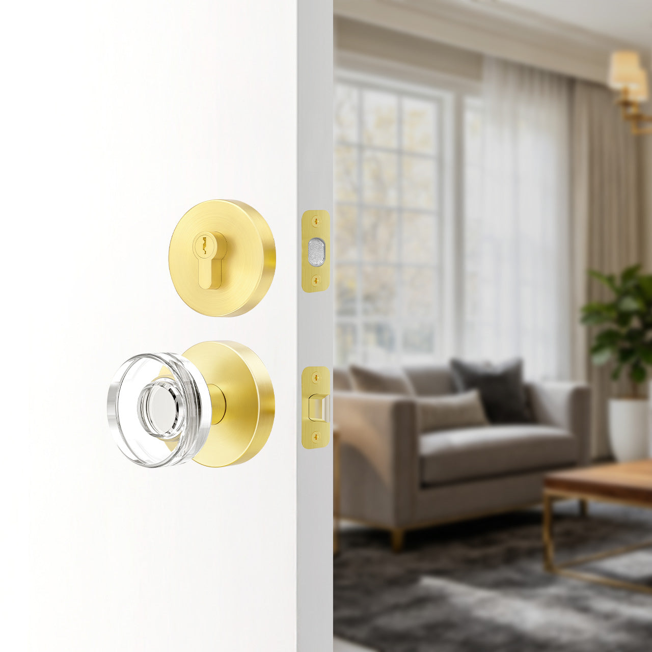 Front door knob set with deadbolt and round crystal glass knob installed on entry door, SENY