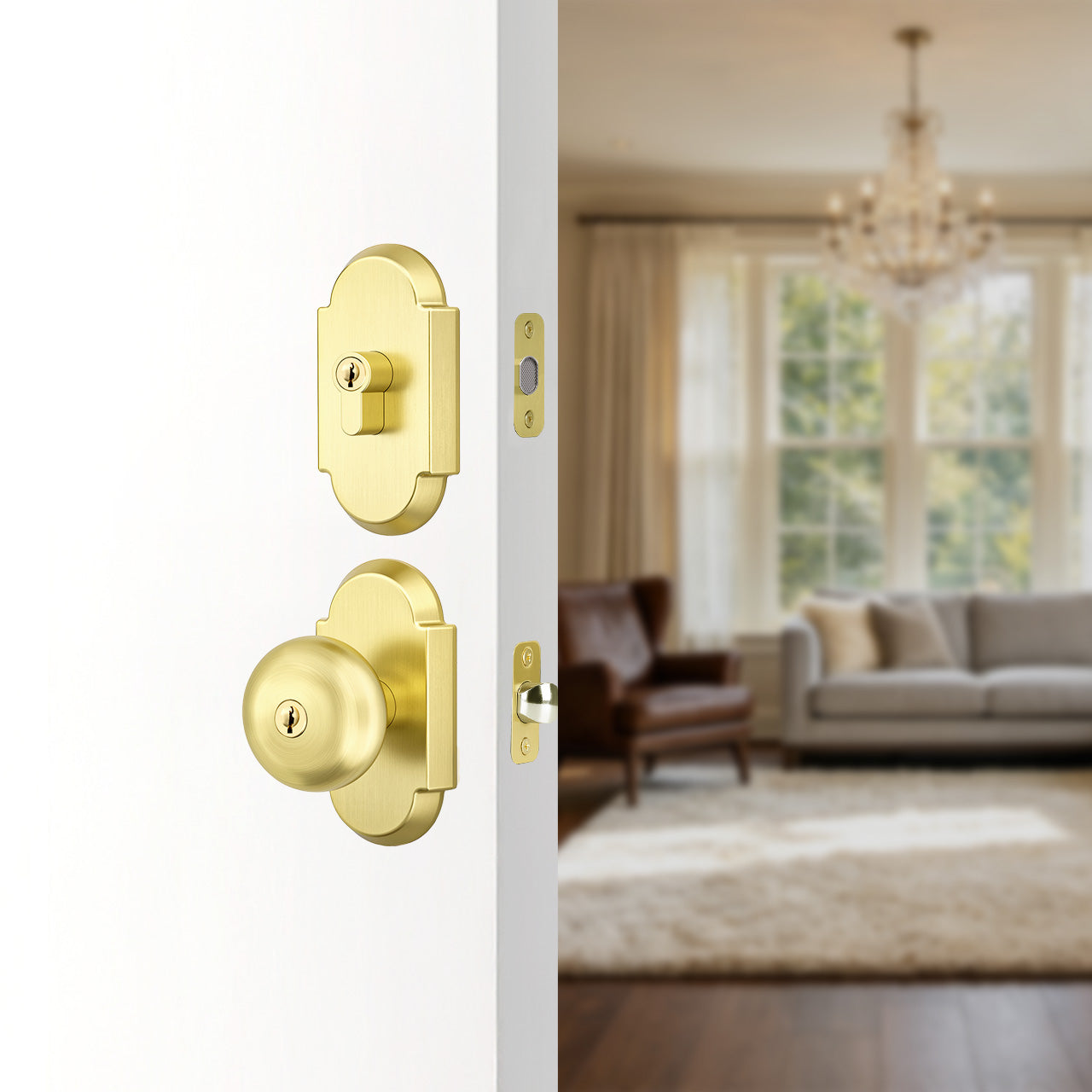 Front door knob with deadbolt and arch rosette installed on exterior entry door, SENY