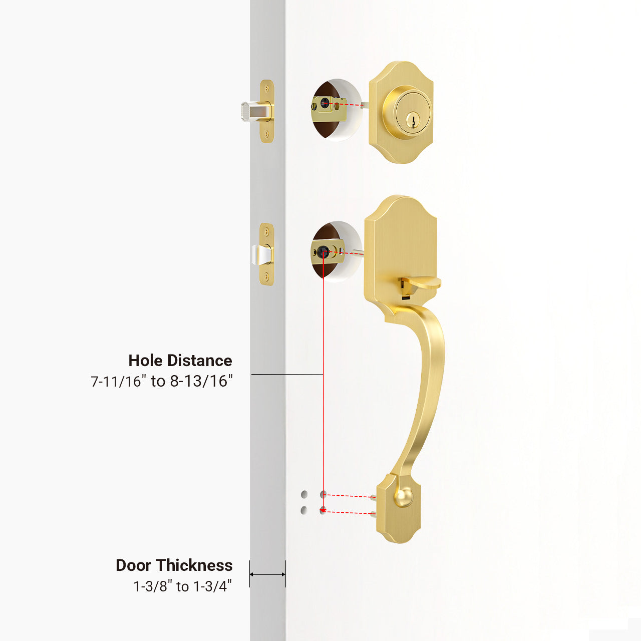 Front door lock set with adjustable latch and standard door thickness compatibility guide