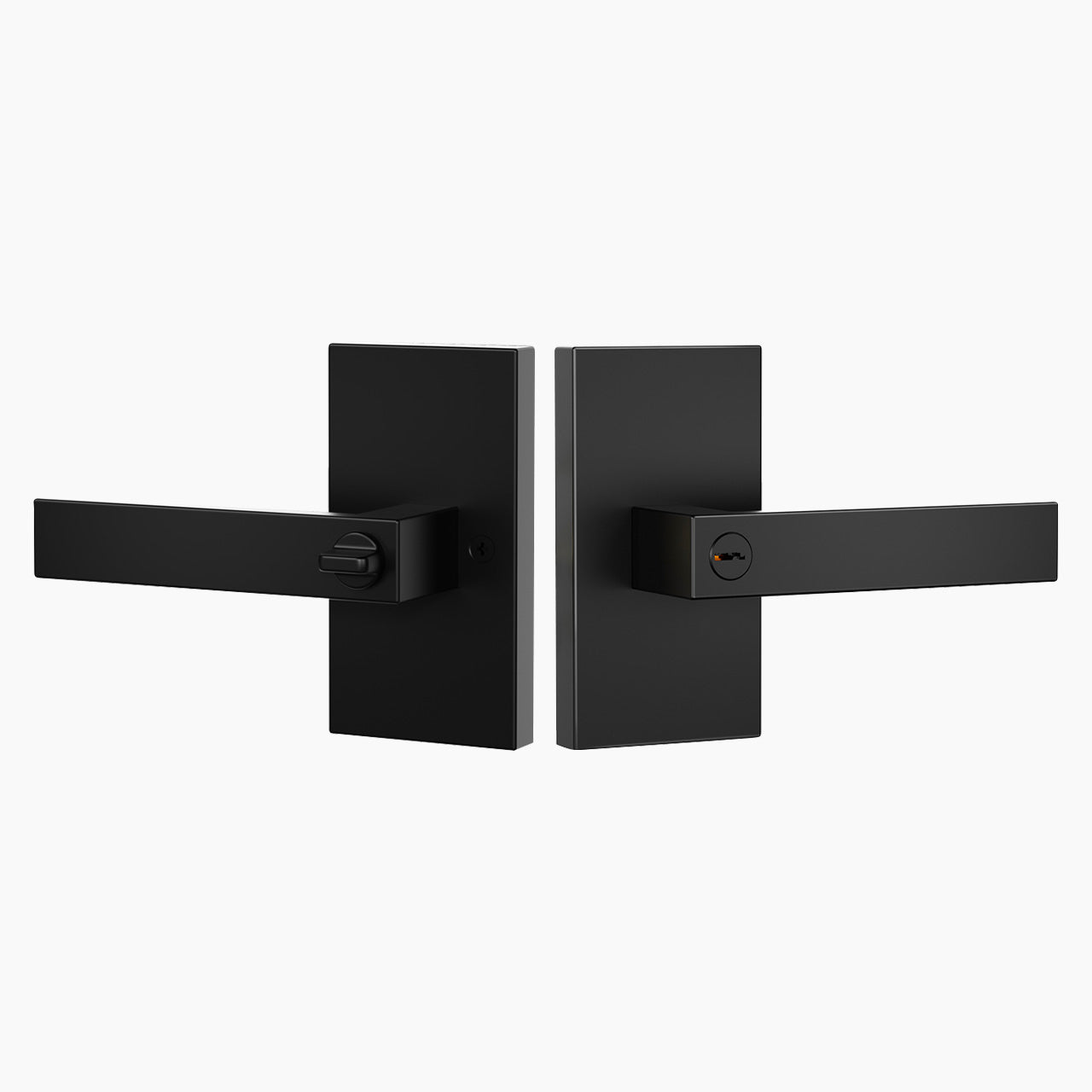 Interior door handles with locks featuring modern rectangular backplate lever design in matte black SENY