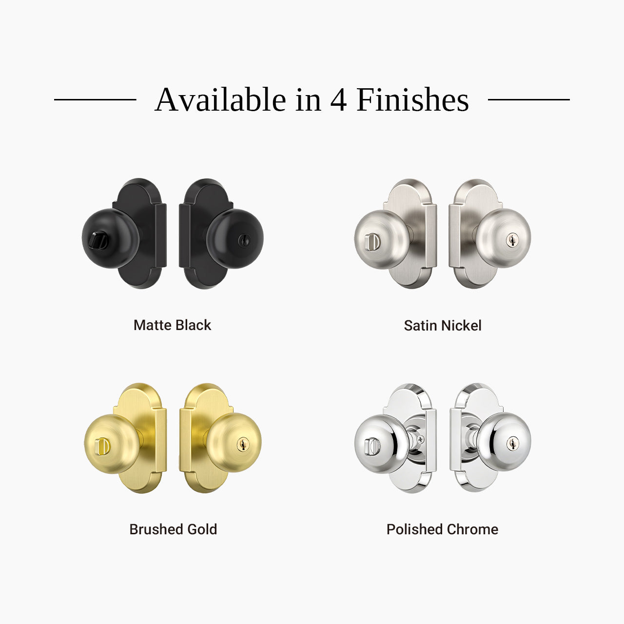 Interior door knobs with locks available in Matte Black, Satin Nickel, Brushed Gold and Polished Chrome finishes, SENY