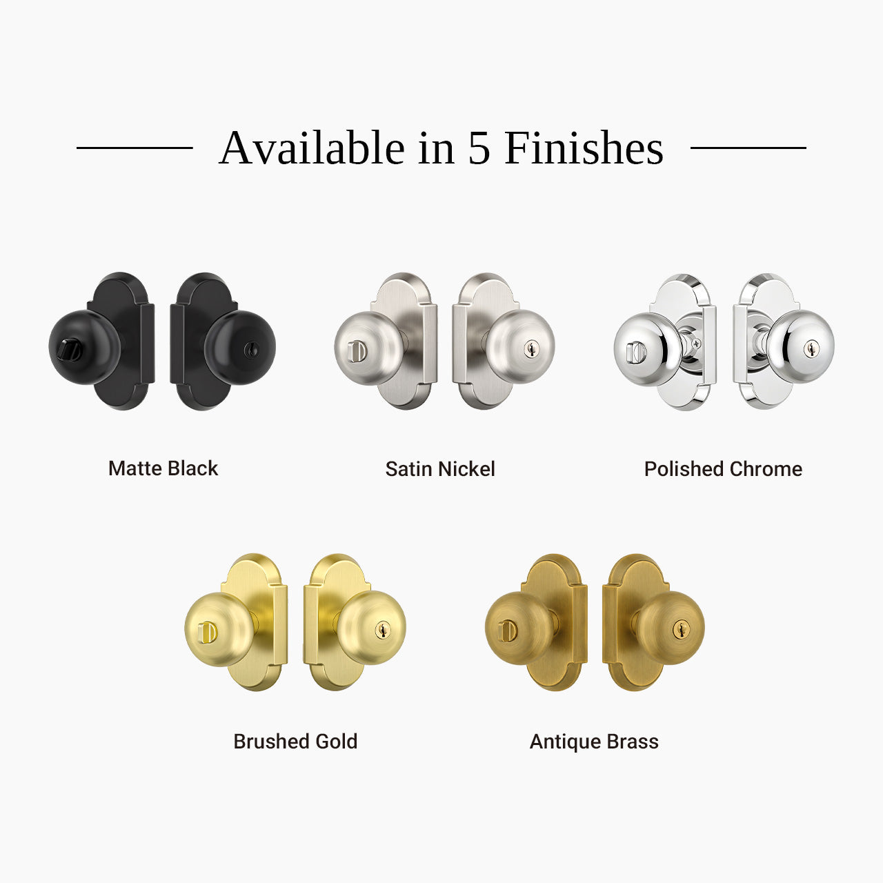 Interior door knobs with locks available in Matte Black, Satin Nickel, Brushed Gold and Polished Chrome finishes, SENY