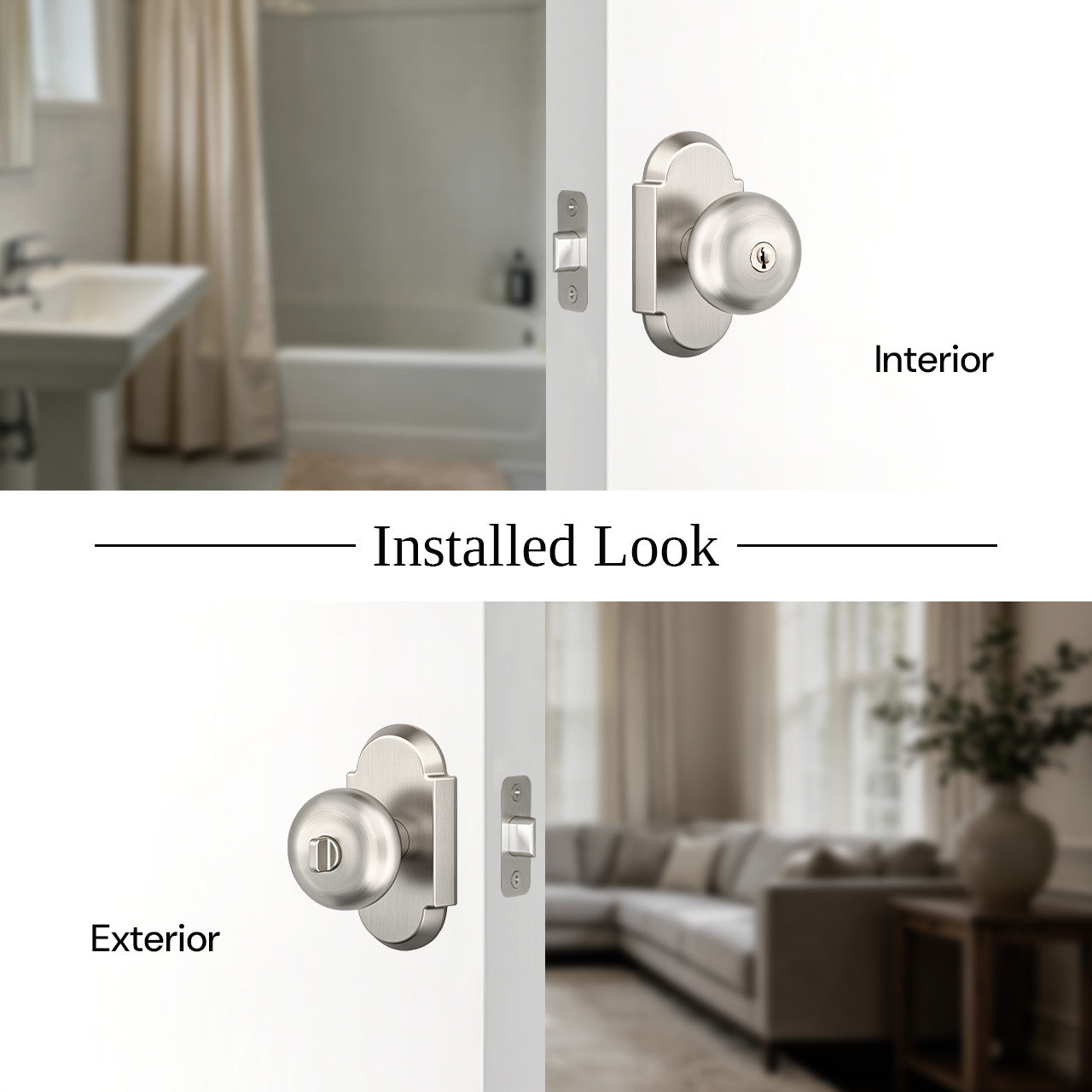 Interior door knobs with locks showing interior and exterior installed appearance, SENY