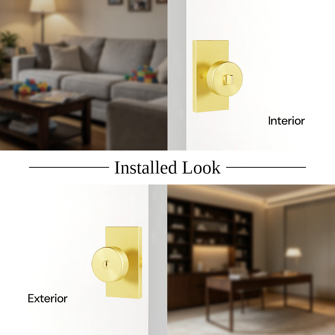 Interior door lock set shown from interior and exterior installed views SENY