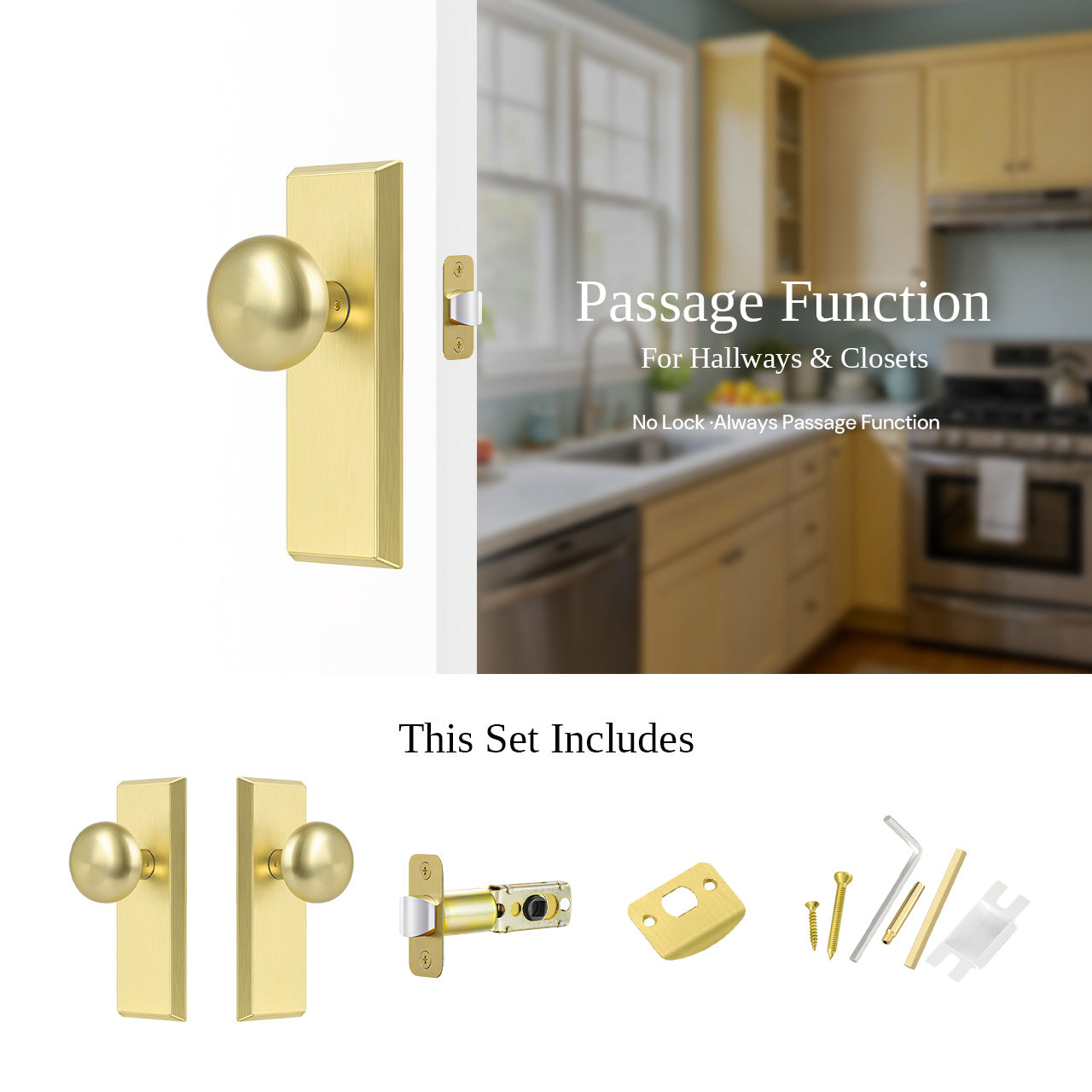 interior passage door knob with backplate installed on door with components SENY