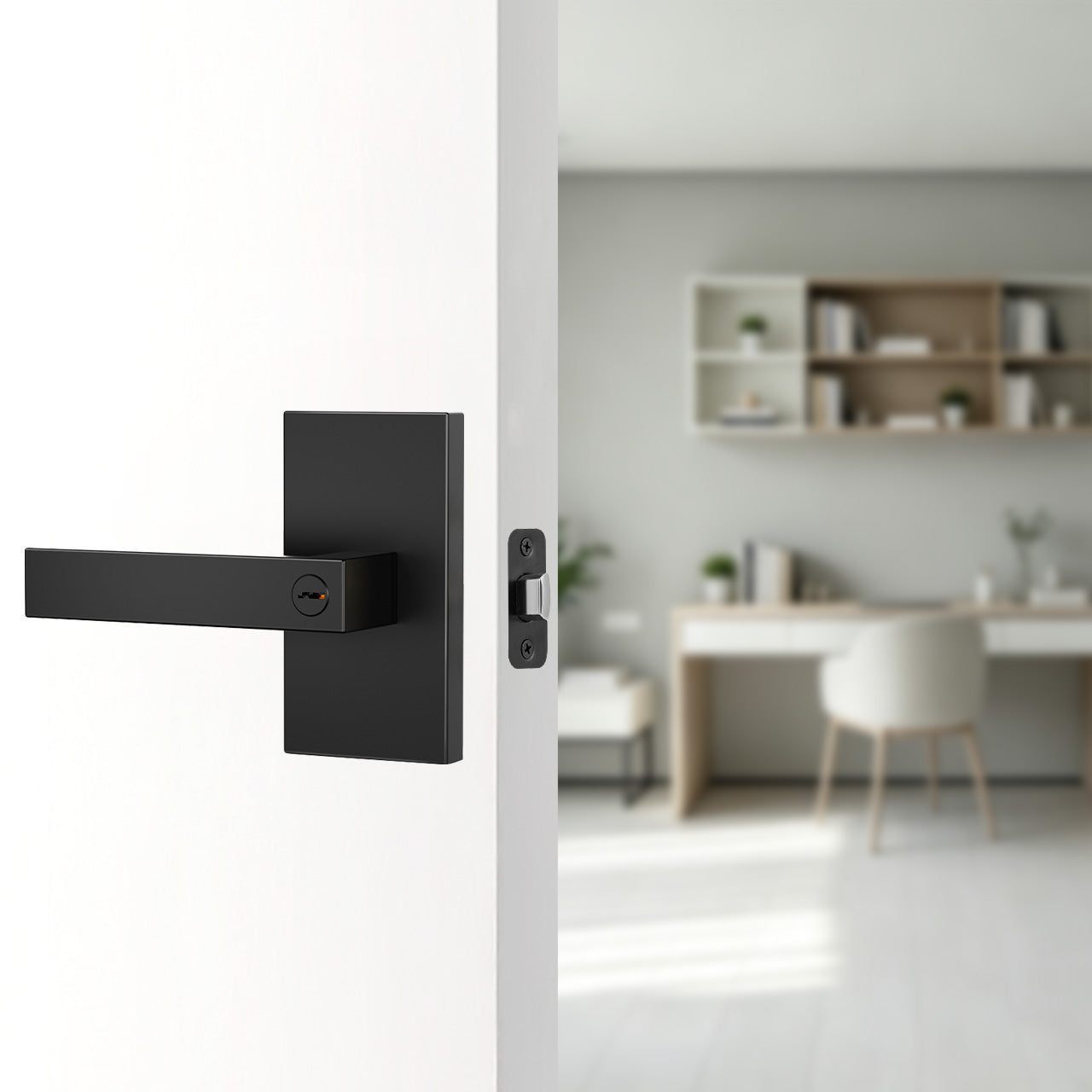 Locking interior door lever installed in modern bedroom and office interior SENY