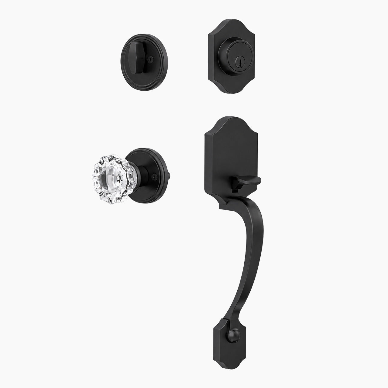 matte black entry door knob set with deadbolt, crystal glass door knob, and decorative front door handle set
