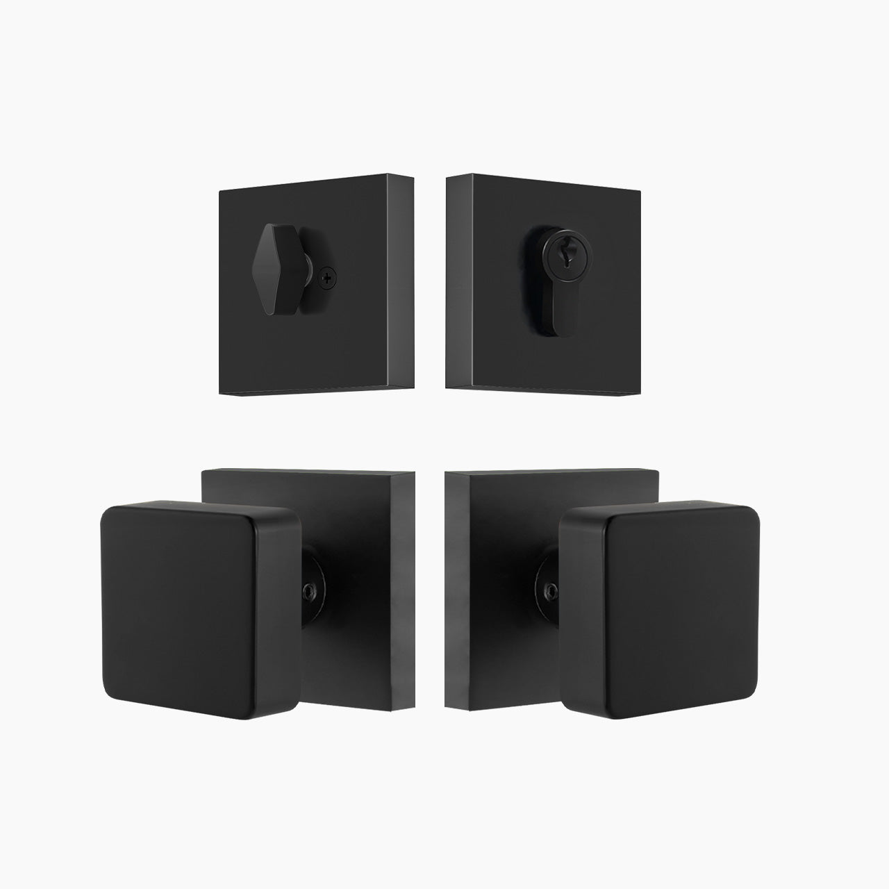 Matte black modern square door knob set with deadbolt for exterior doors, SENY