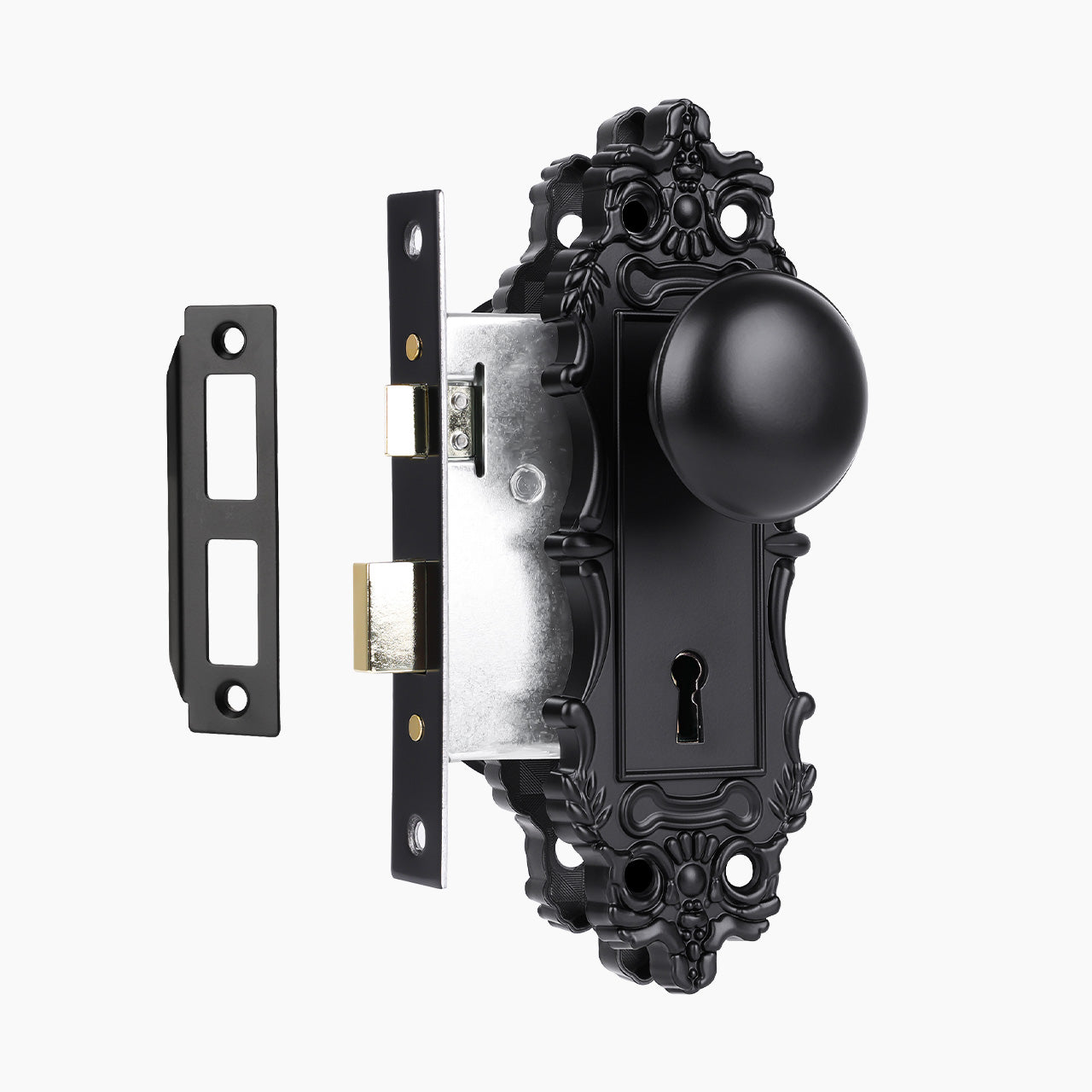 Matte black vintage mortise lock set with key and traditional backplate, SENY