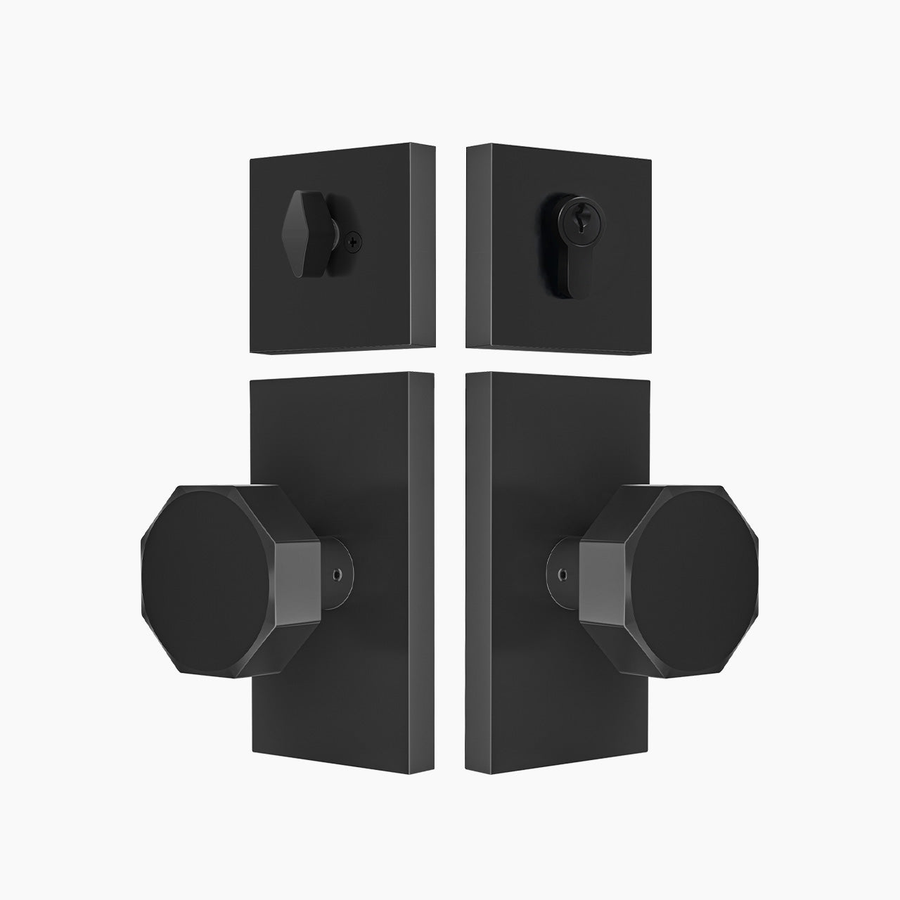 Matte black octagon entry door knob set with deadbolt and geometric design, SENY