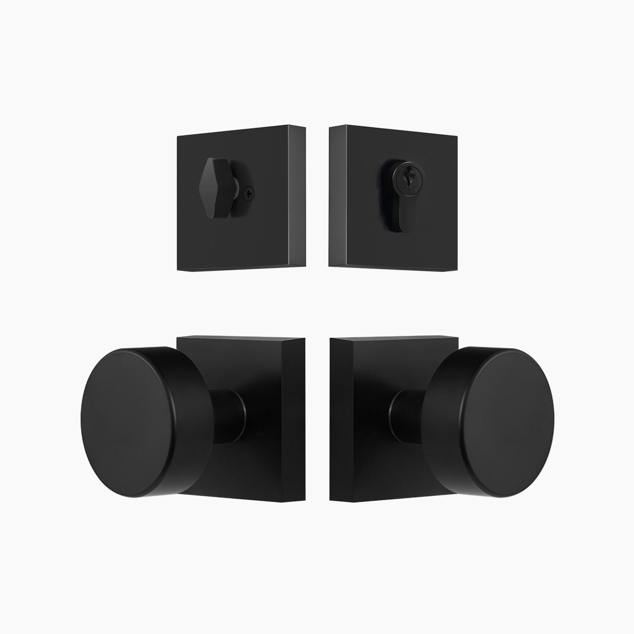 Matte black square rosette door knob set with deadbolt for front doors, SENY