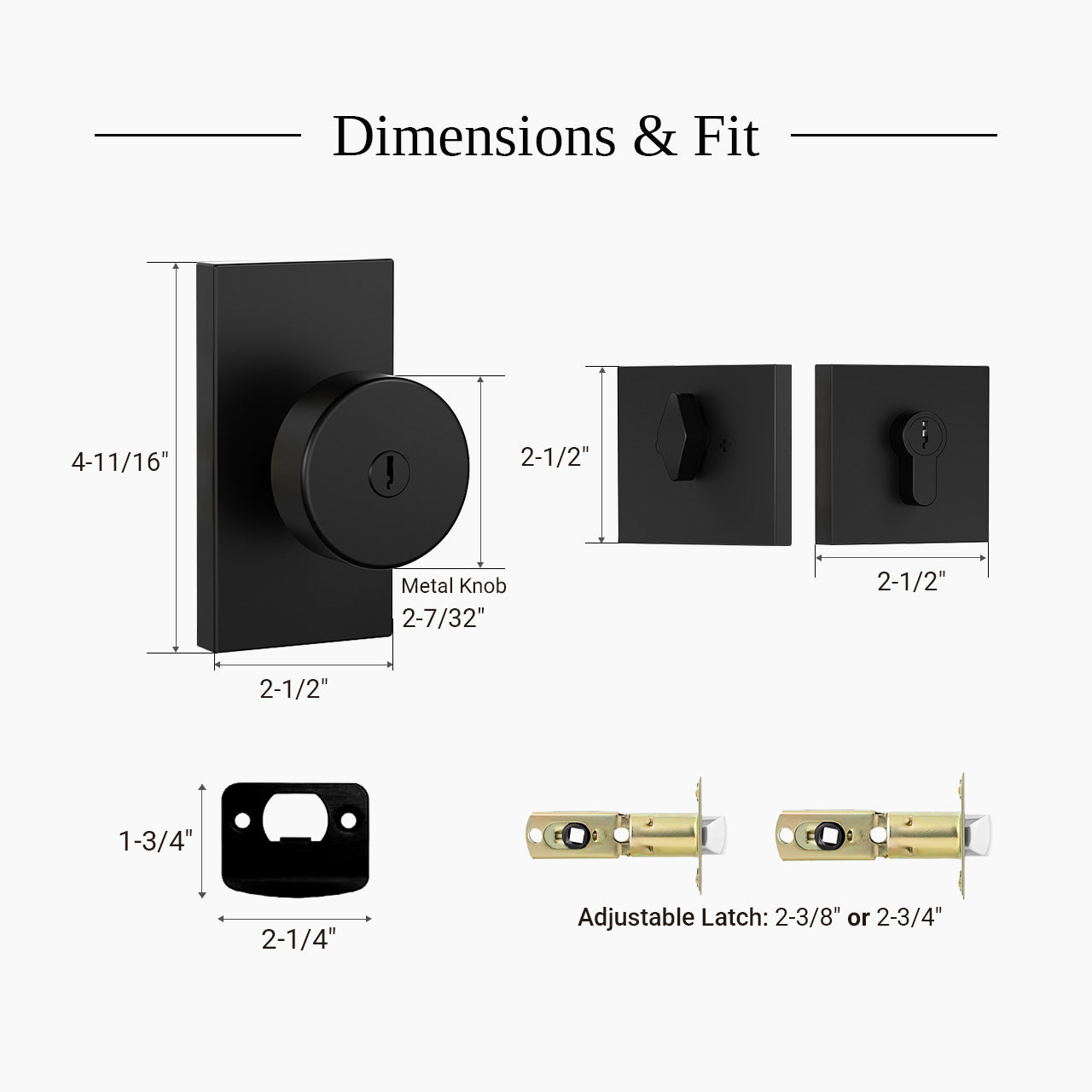Modern entry door knob with rectangular backplate dimensions and standard front door fit guide, SENY