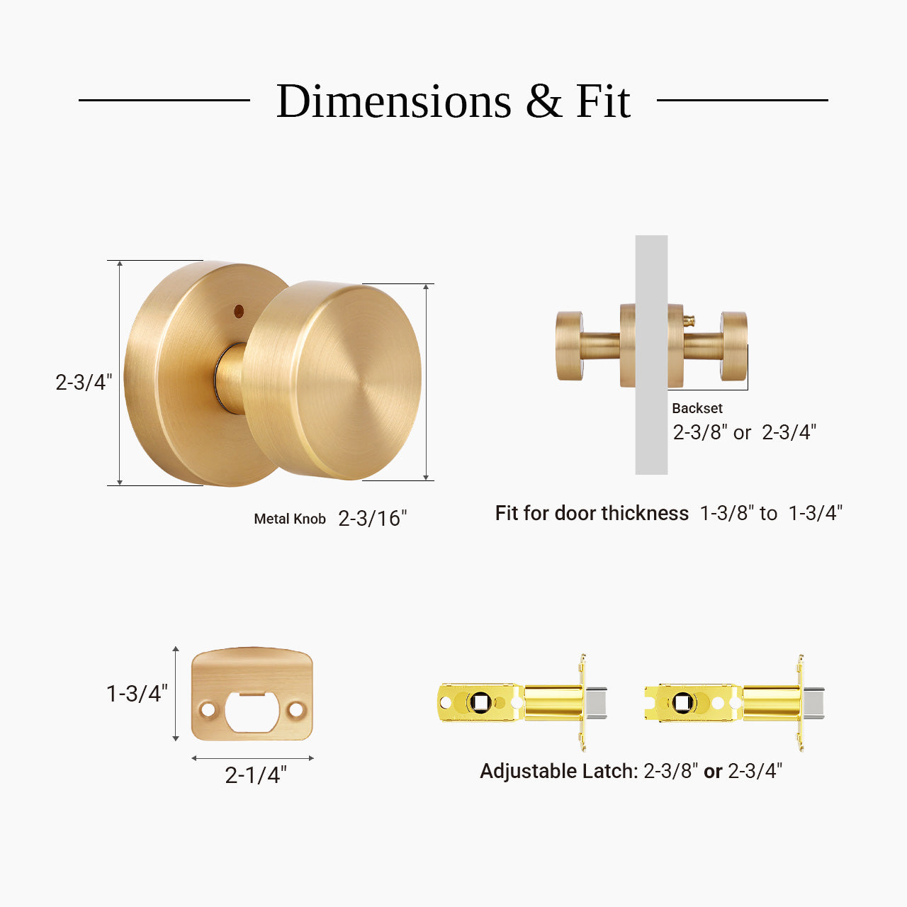 Modern door knob dimensions and standard door fit guide for interior installation, SENY