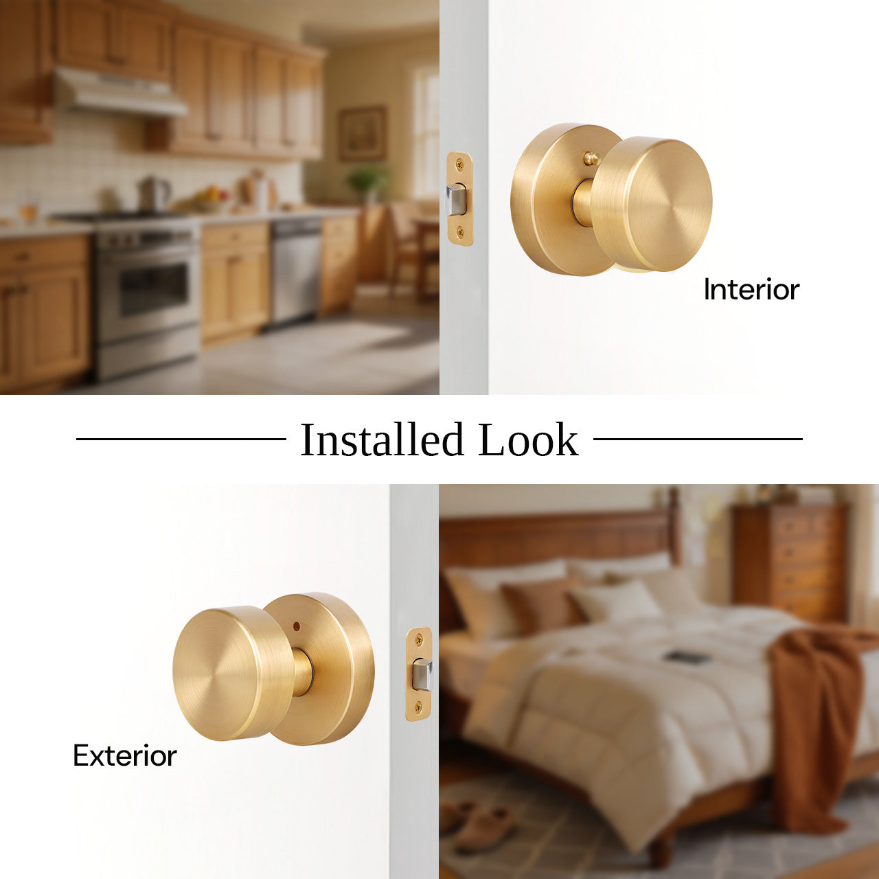 Modern round door knobs installed with interior and exterior view on door, SENY