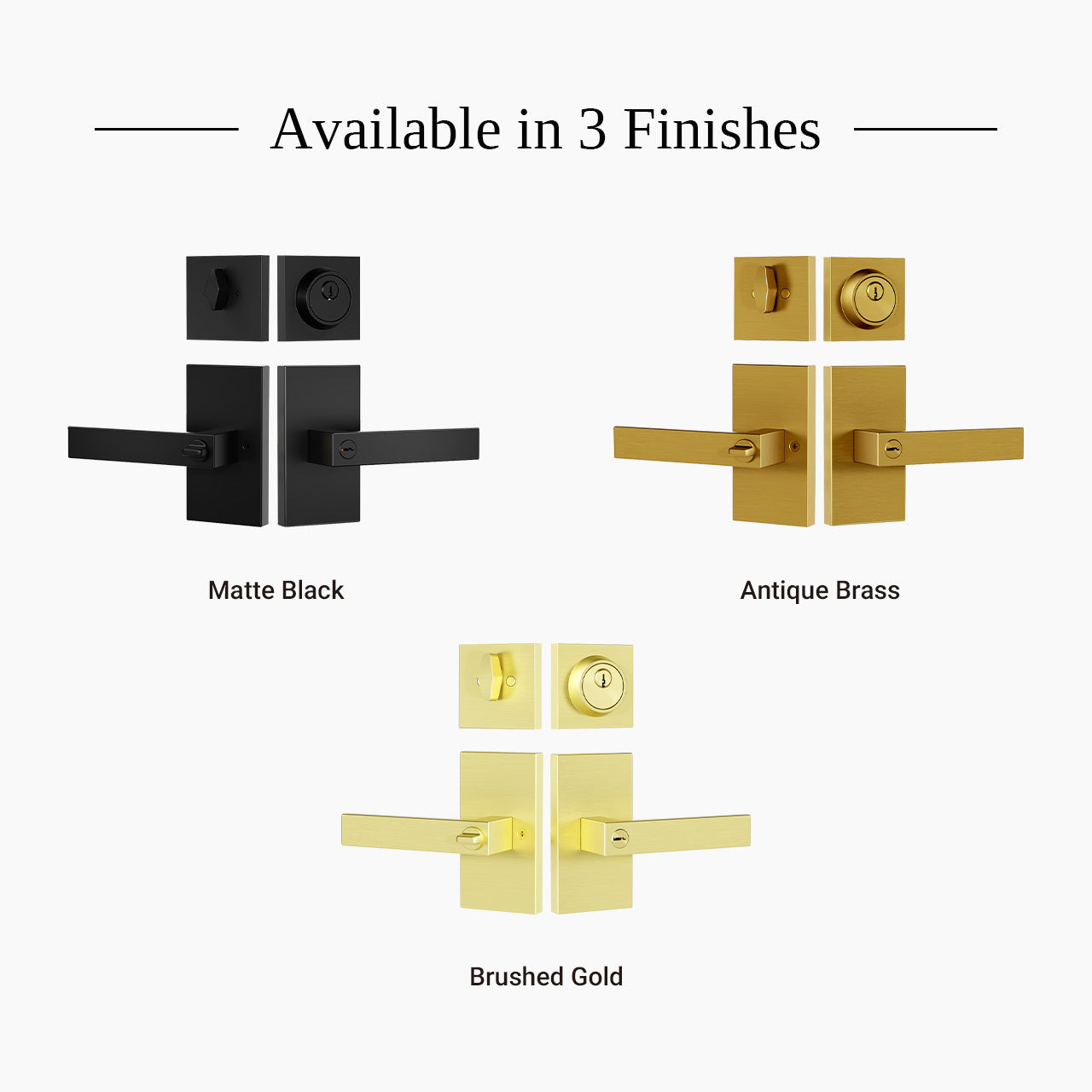 Modern entry door handle set with deadbolt available in matte black brushed gold and antique brass finishes, SENY