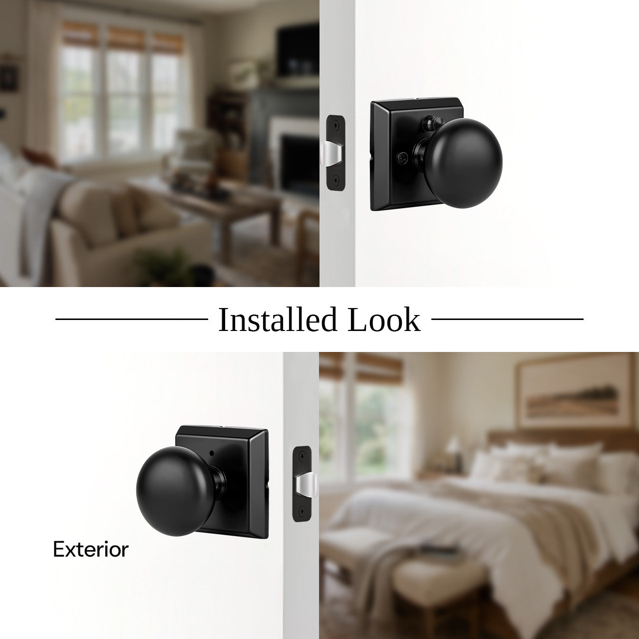 Modern round interior door knob installed view from inside and outside SENY