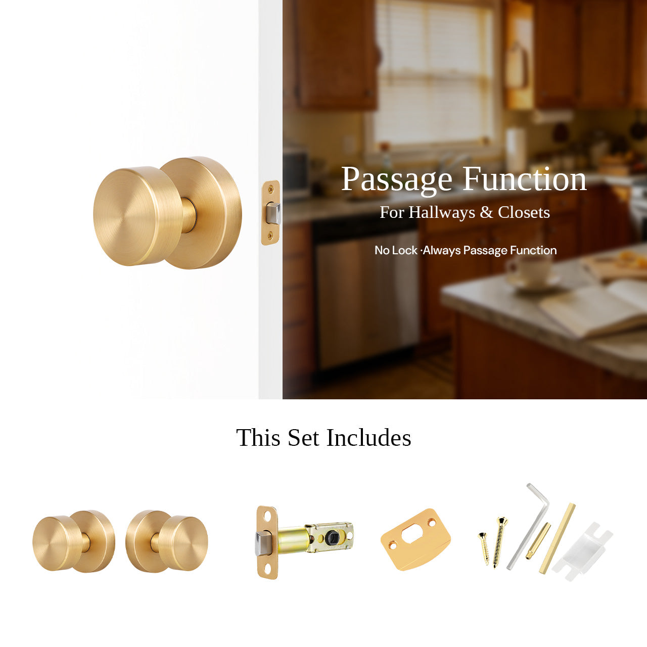 Round modern passage door knob set for hallway and closet doors, SENY