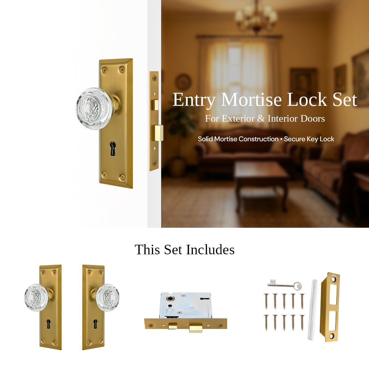 mortise entry lock set components with backplate and round crystal knob SENY