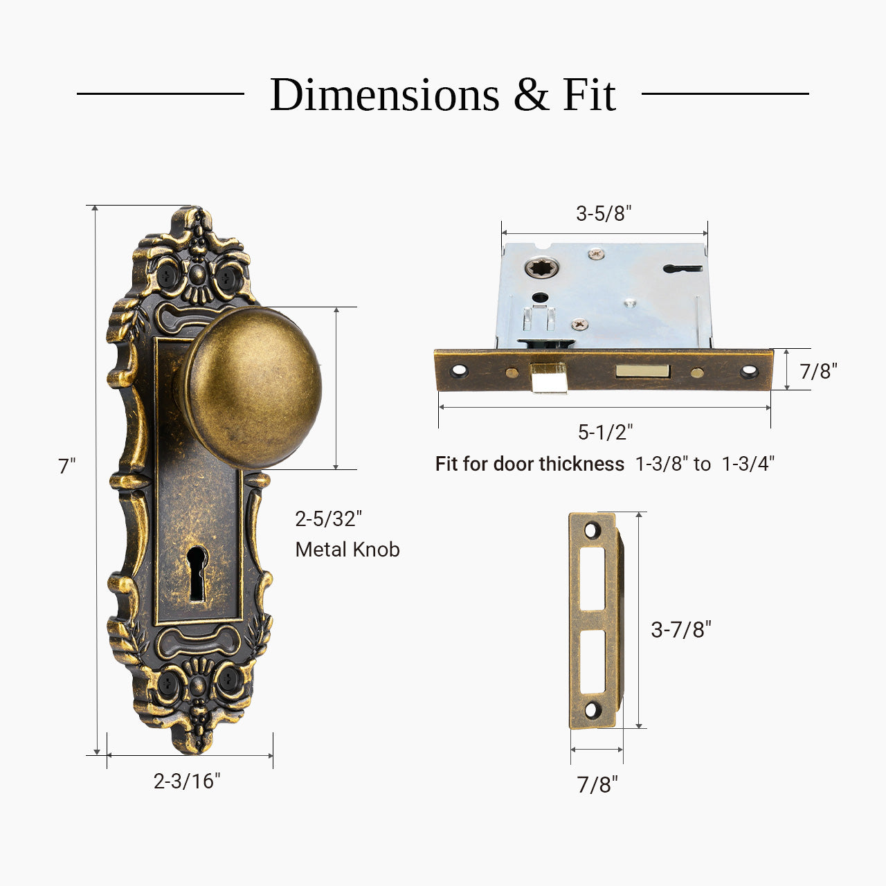 Mortise lock set dimensions and standard door fit guide with skeleton key lock body, SENY