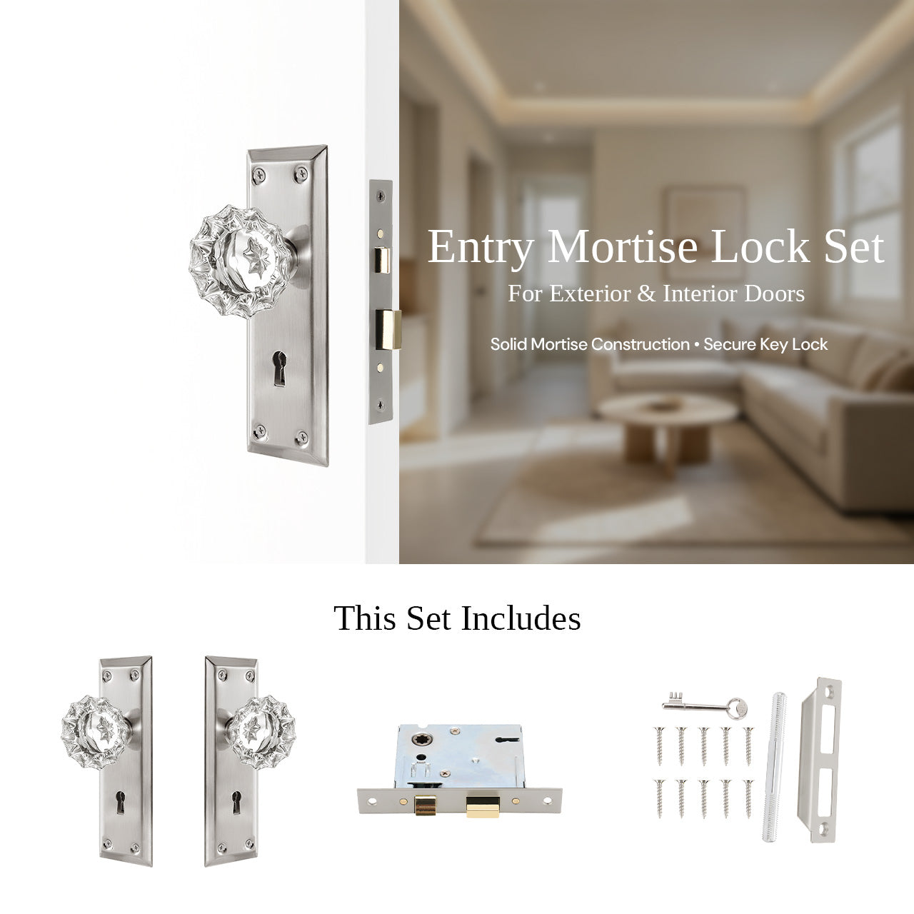 mortise lock set with skeleton key installed on door with crystal knob and full components SENY