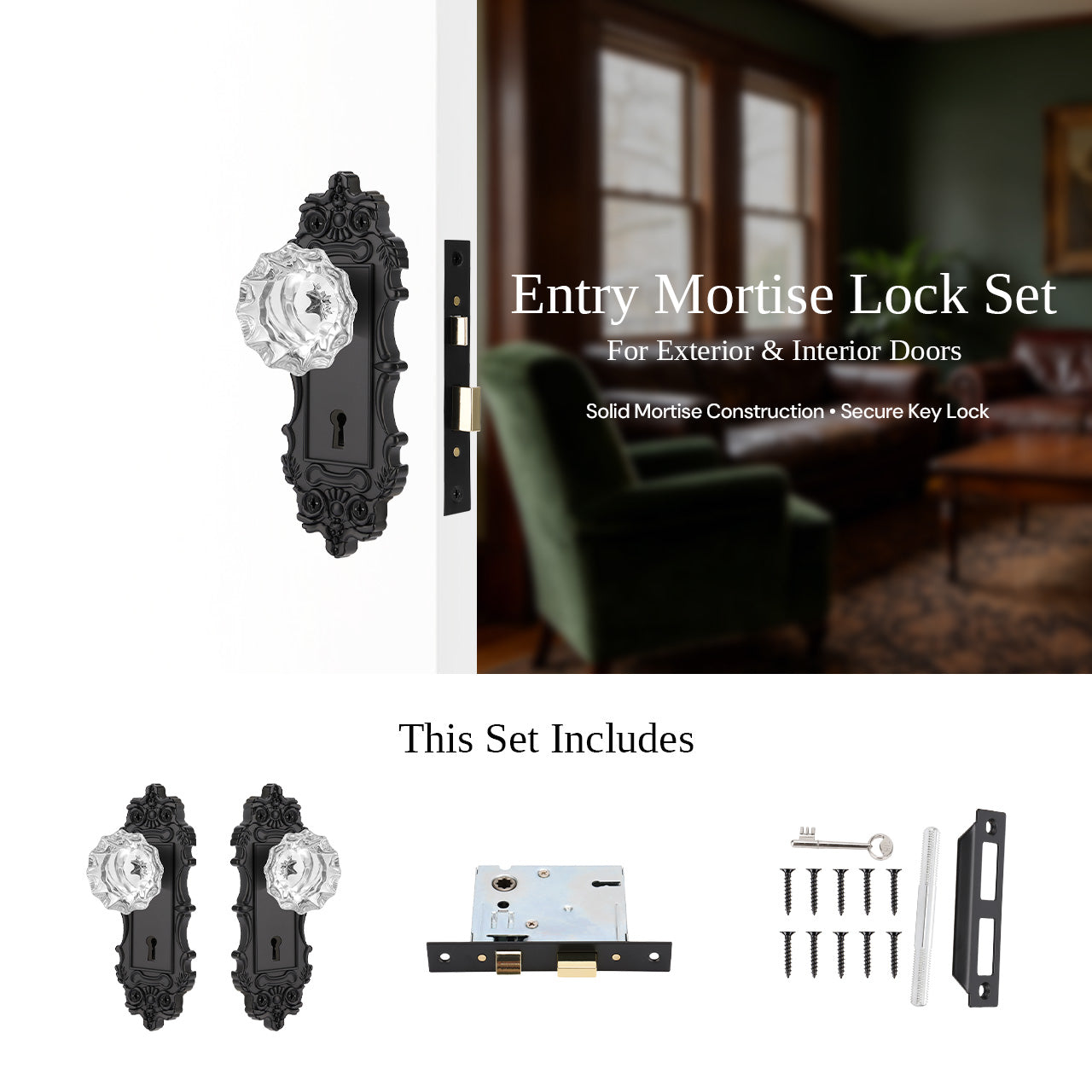 mortise lock set with crystal knob installed on door with full components and accessories SENY