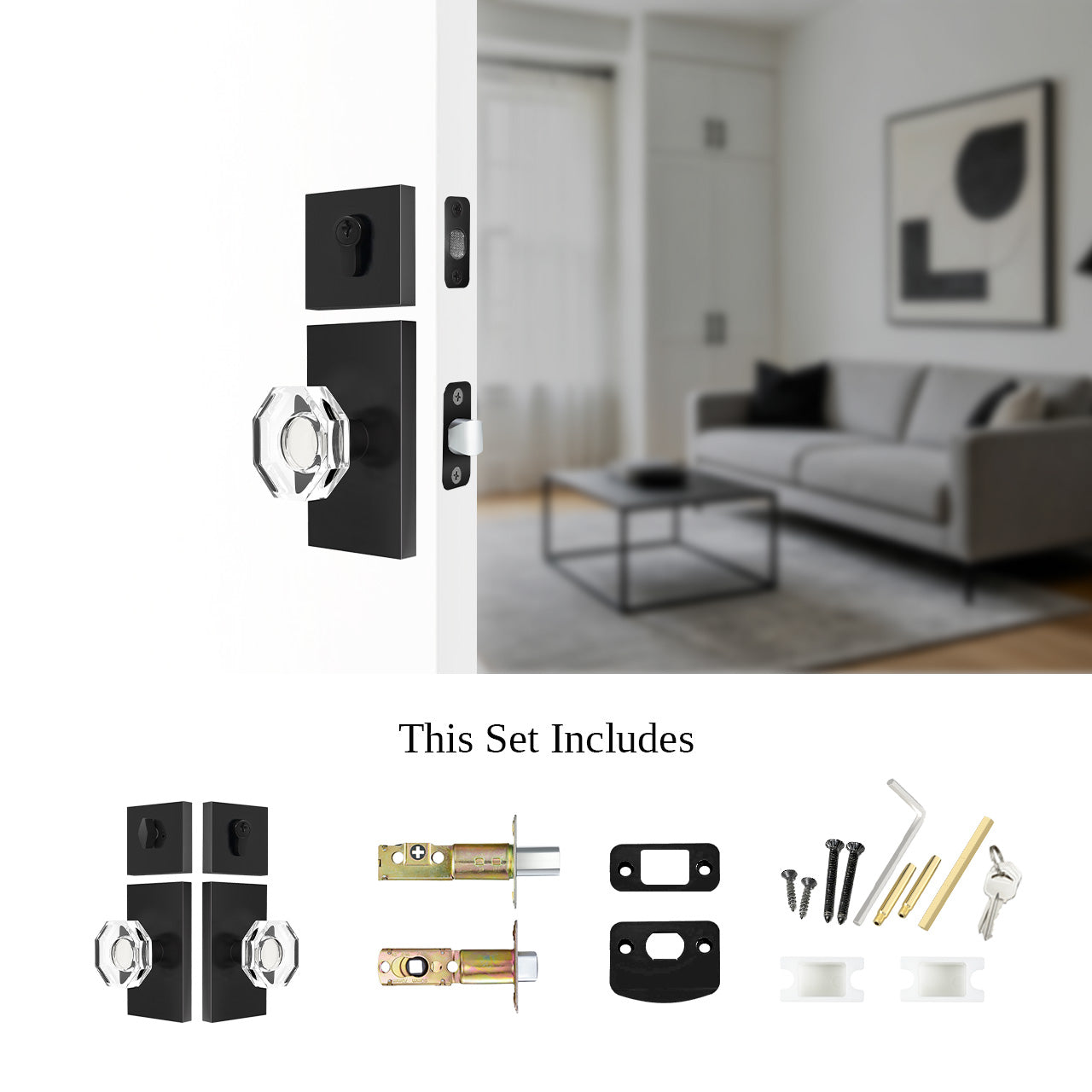 octagon crystal door knob set with deadbolt components and installation hardware SENY