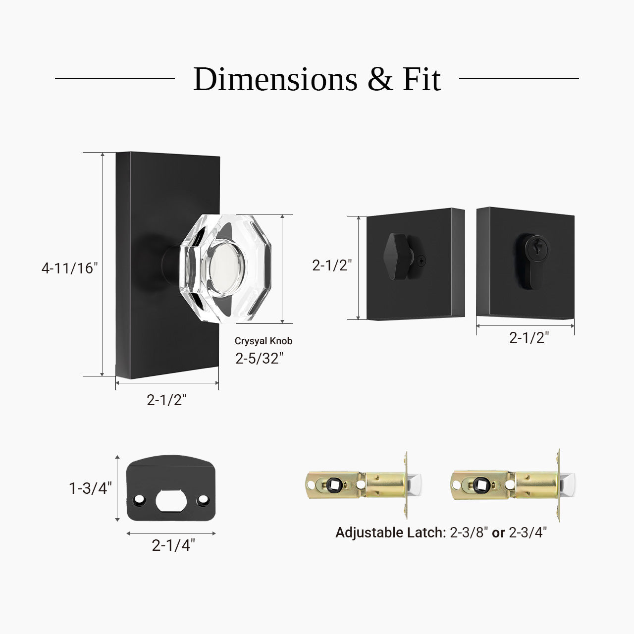 octagon crystal door knob set dimensions backset and door thickness compatibility SENY