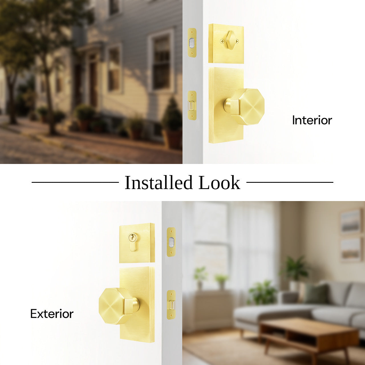 Octagon door knob set with deadbolt installed with interior and exterior side view, SENY
