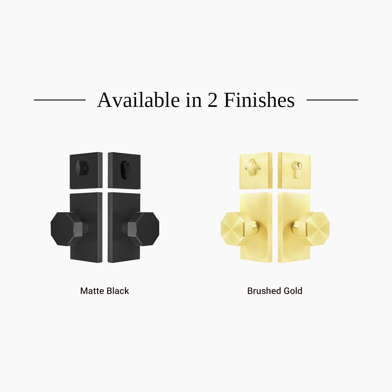 Octagon entry door knob set with deadbolt available in matte black and brushed gold finishes, SENY