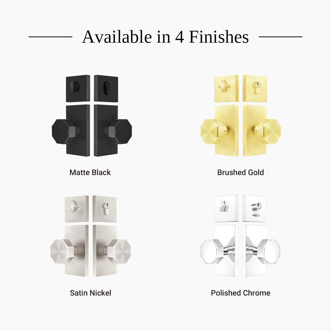 Octagon entry door knob set with deadbolt available in matte black and brushed gold finishes, SENY