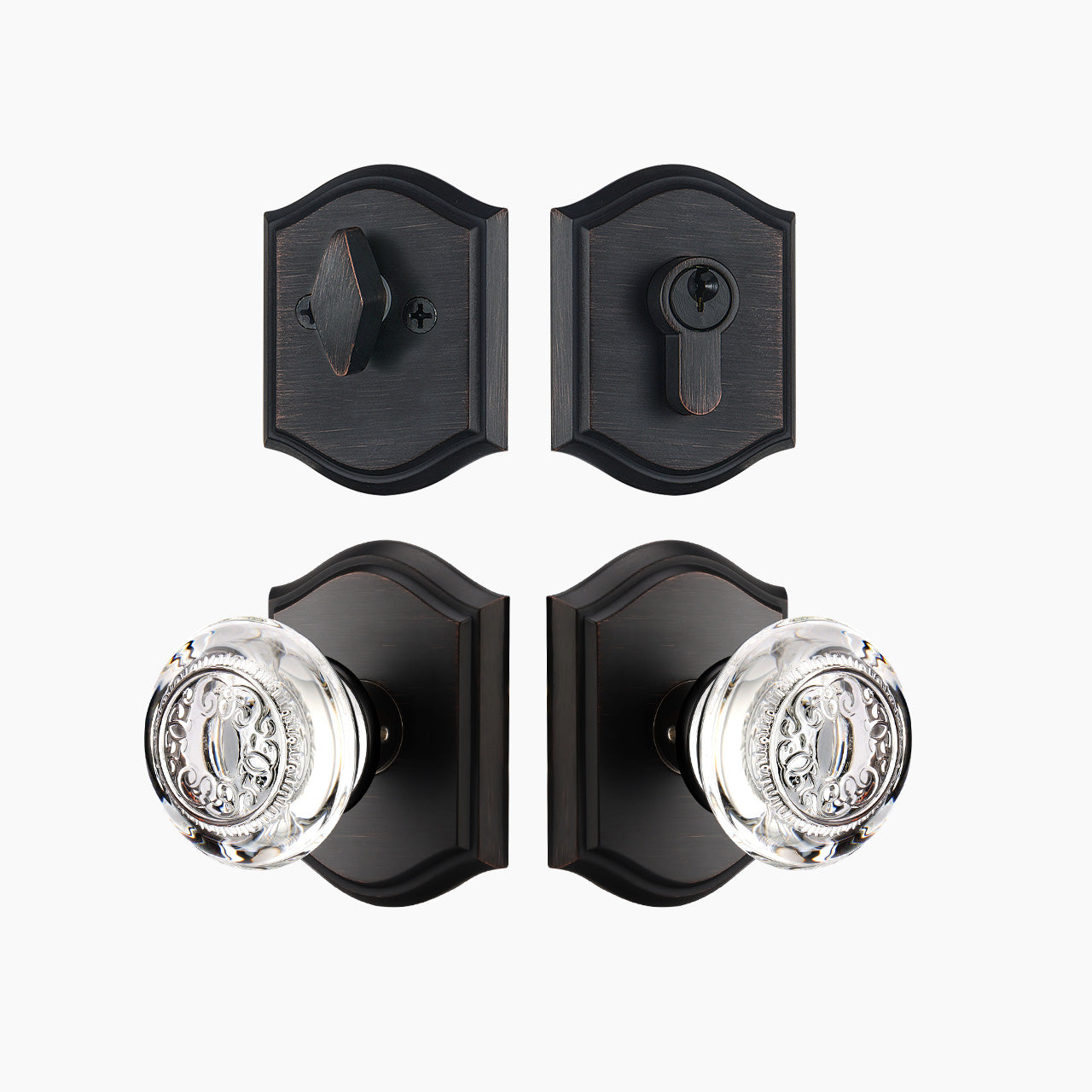 Oil rubbed bronze crystal door knob and deadbolt set for front doors, SENY