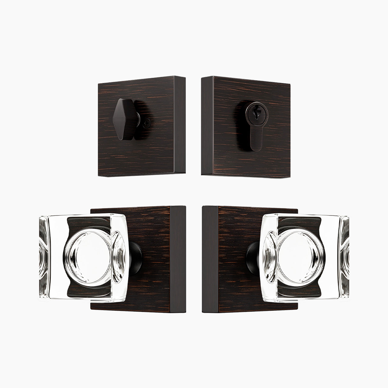 Oil Rubbed Bronze crystal entry door knob with square backplate and deadbolt