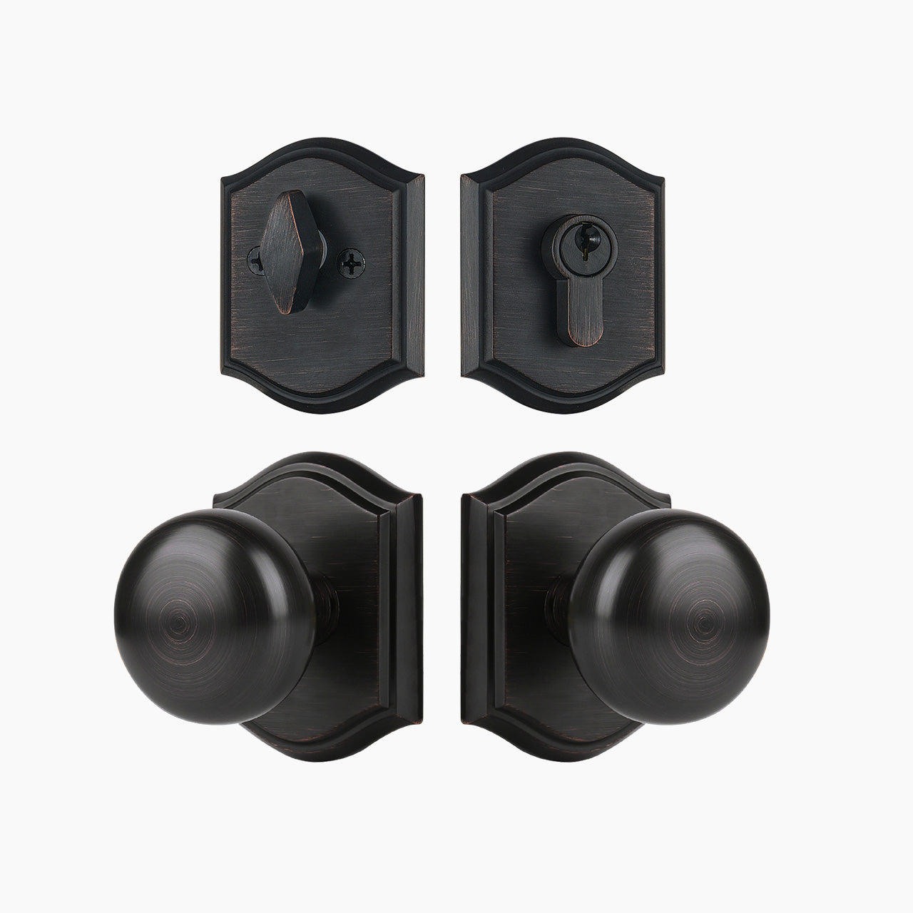 Oil rubbed bronze front door lock set with arched plate and round knob, SENY