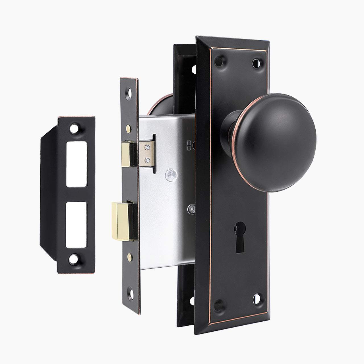 Oil rubbed bronze mortise lock set with red highlight edge and skeleton key, SENY