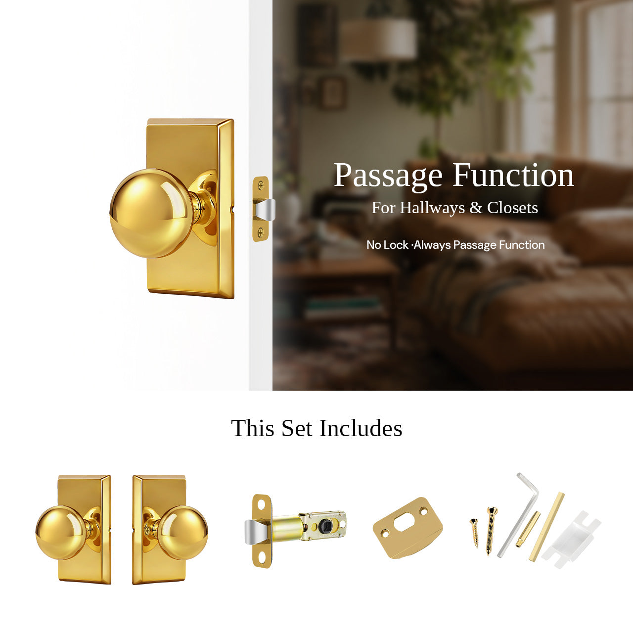 Passage door knob installation view with included hardware accessories
