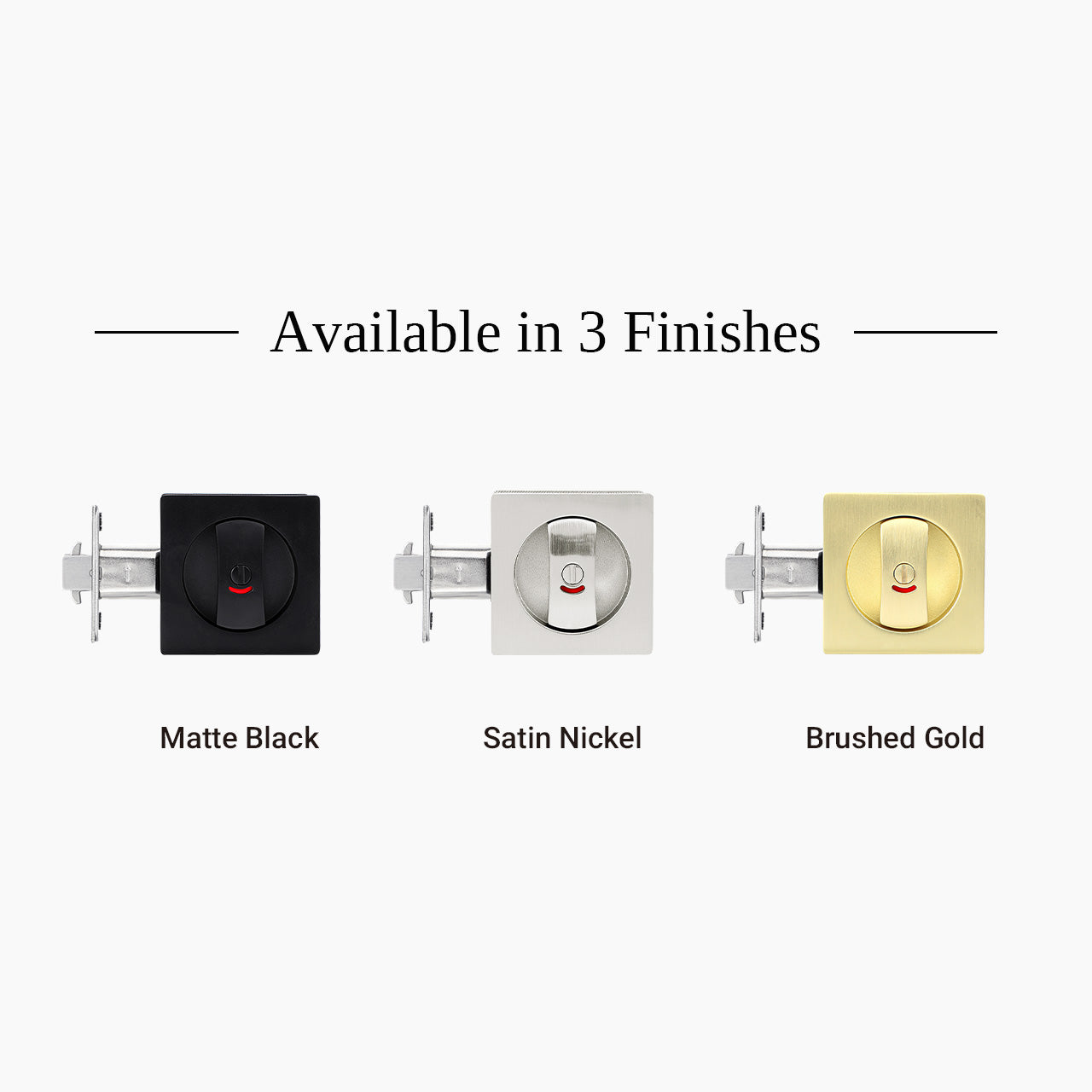 Pocket door lock with privacy indicator available in matte black satin nickel and brushed gold finishes, SENY